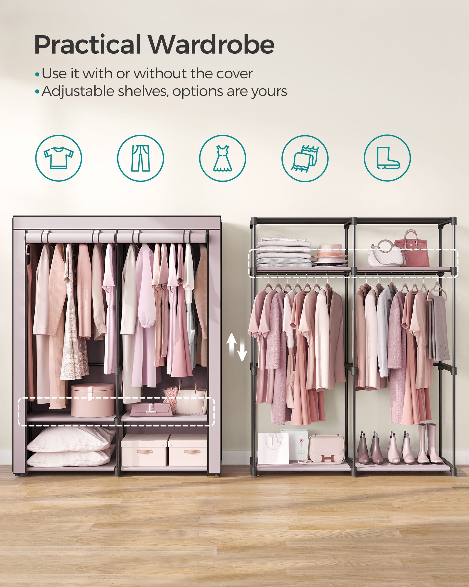 Collapsible Portable Wardrobe – Fabric – Grey – With 2 Clothes Rails
