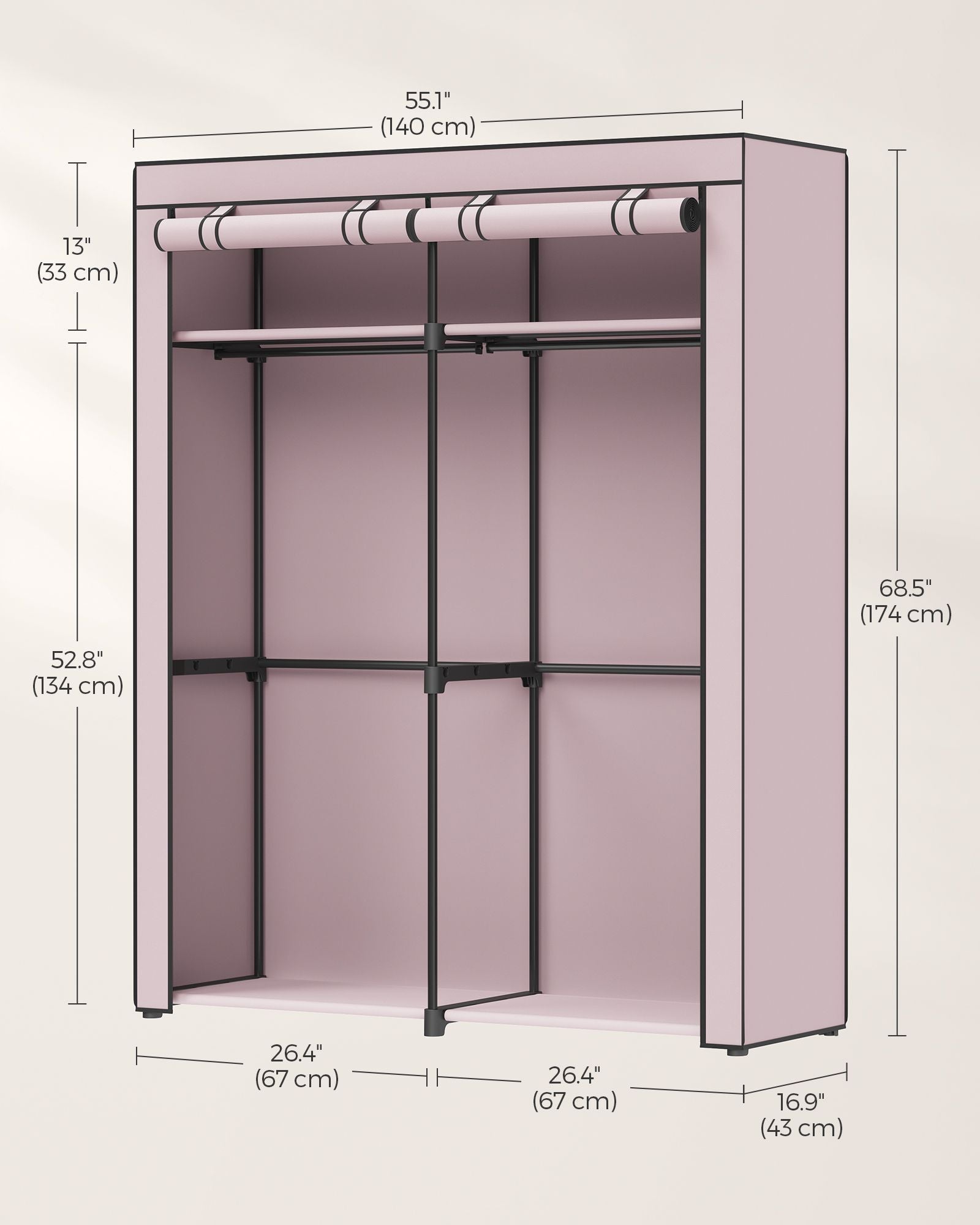 Collapsible Portable Wardrobe – Fabric – Grey – With 2 Clothes Rails
