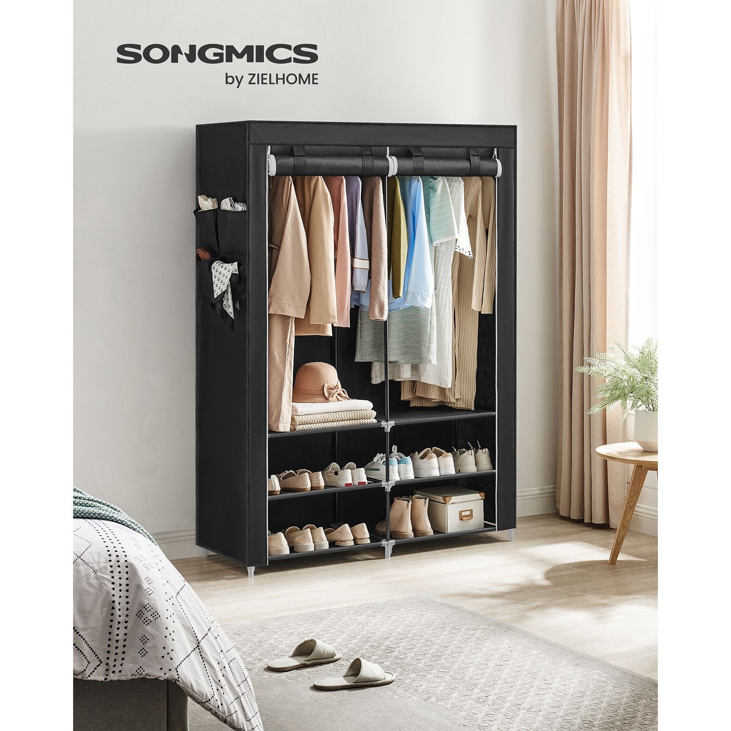Portable Wardrobe – Fabric – Black – Large Capacity with 2 Hanging Rails and Shelves