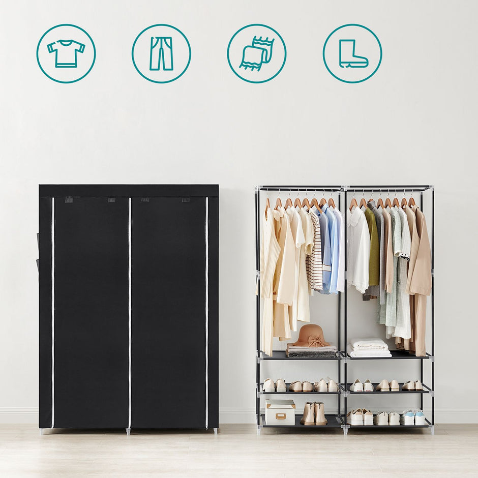 Portable Wardrobe – Fabric – Black – Large Capacity with 2 Hanging Rails and Shelves