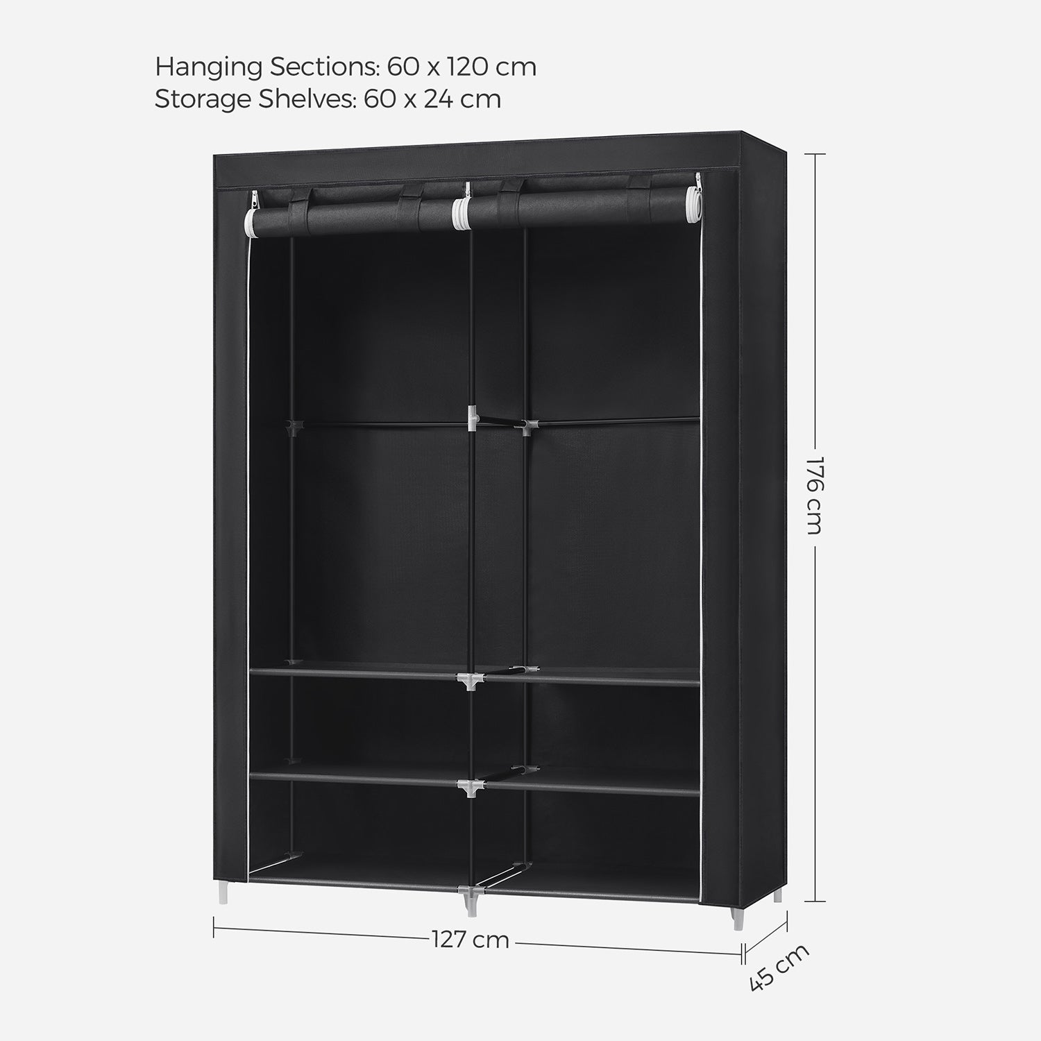Portable Wardrobe – Fabric – Black – Large Capacity with 2 Hanging Rails and Shelves