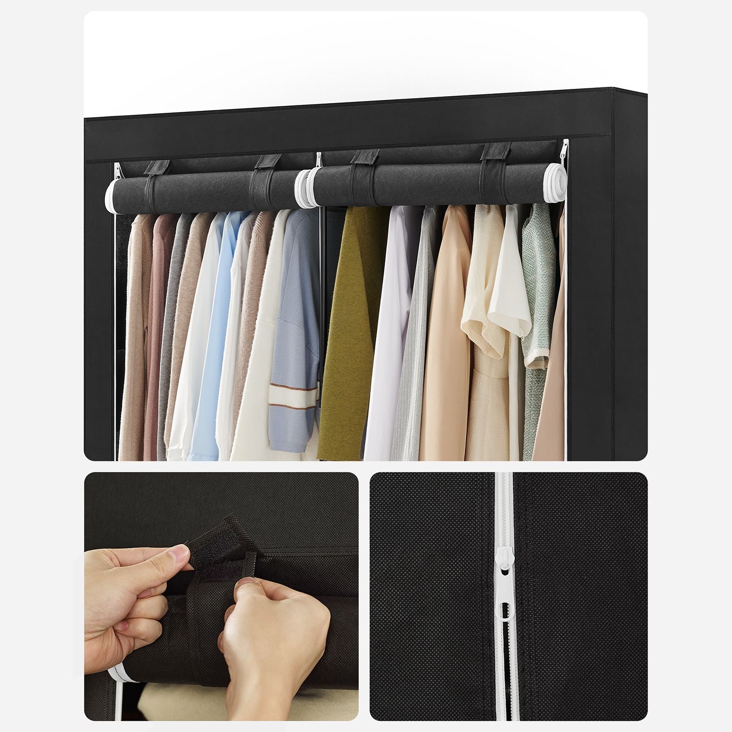Portable Wardrobe – Fabric – Black – Large Capacity with 2 Hanging Rails and Shelves