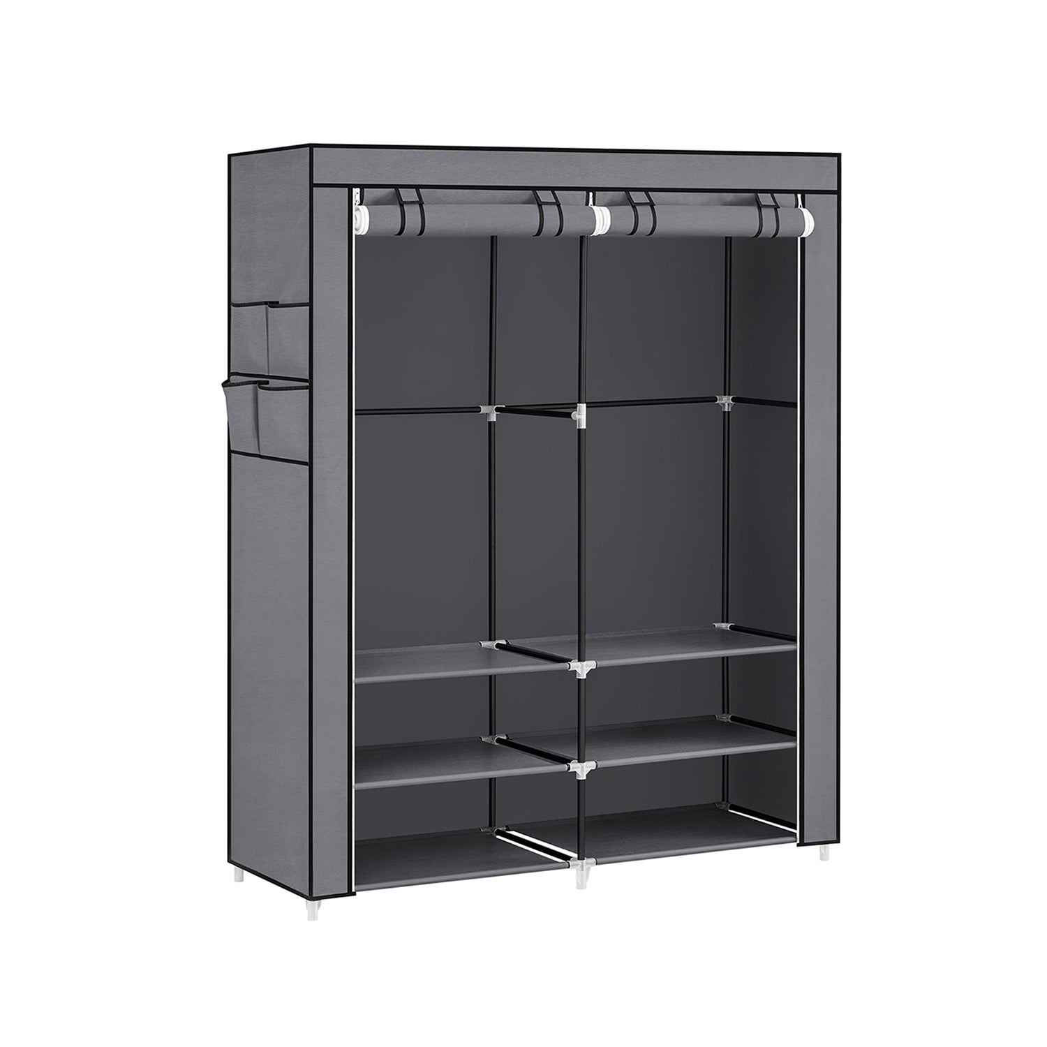 Portable Clothes Wardrobe – Fabric – Grey – Large Capacity with 2 Hanging Rails and 4 Side Pockets