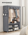 Portable Clothes Wardrobe – Fabric – Grey – Large Capacity with 2 Hanging Rails and 4 Side Pockets