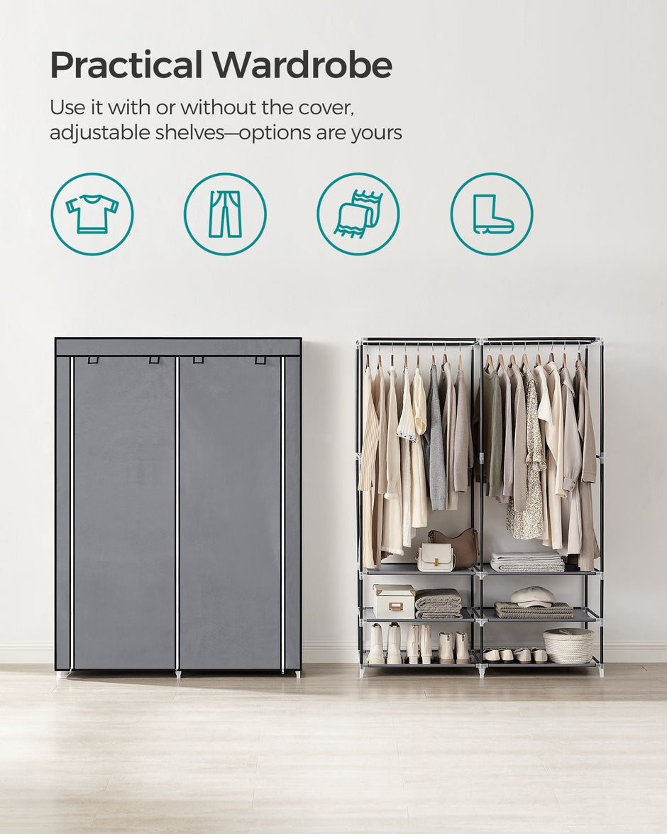 Portable Clothes Wardrobe – Fabric – Grey – Large Capacity with 2 Hanging Rails and 4 Side Pockets