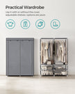 Portable Clothes Wardrobe – Fabric – Grey – Large Capacity with 2 Hanging Rails and 4 Side Pockets