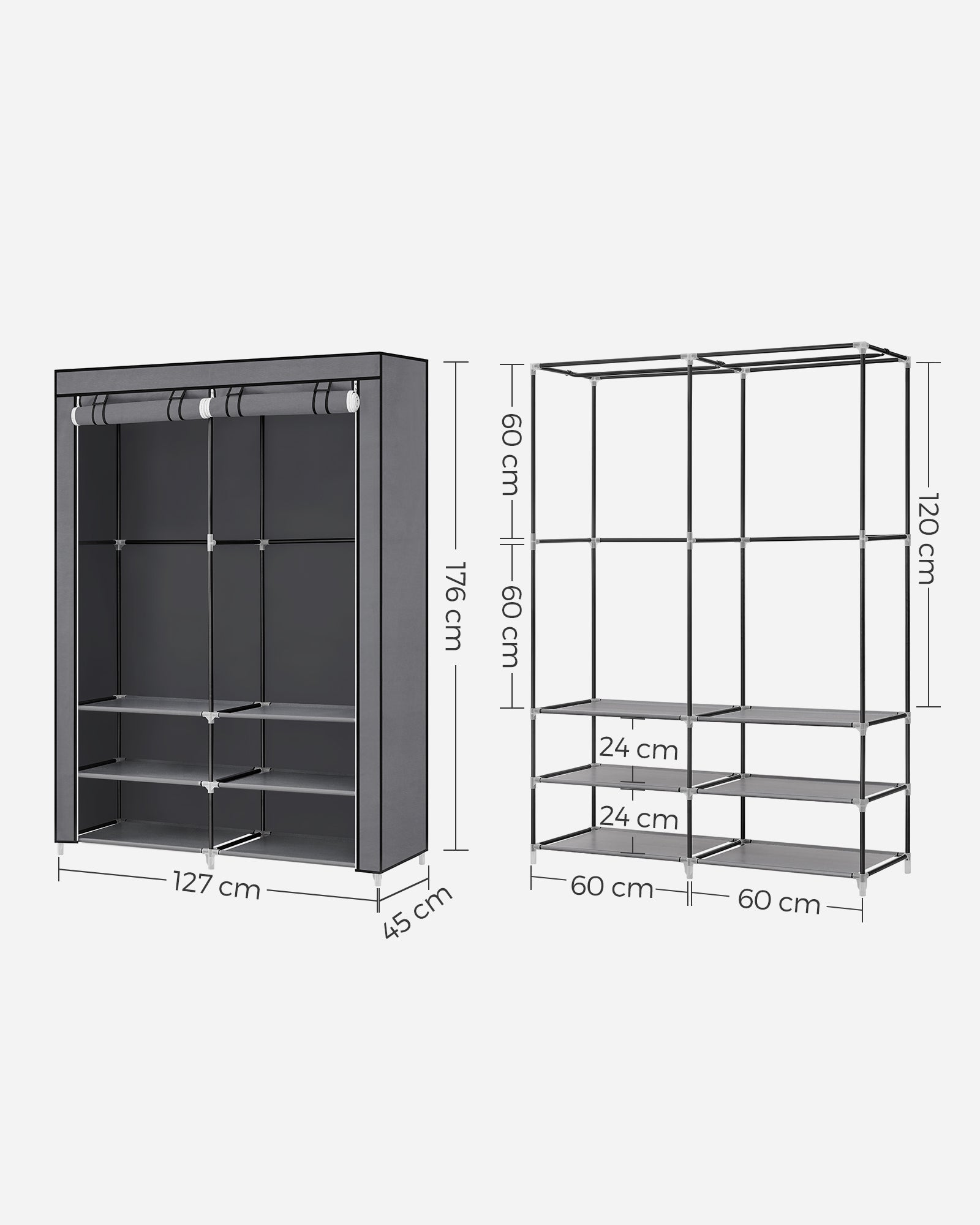 Portable Clothes Wardrobe – Fabric – Grey – Large Capacity with 2 Hanging Rails and 4 Side Pockets