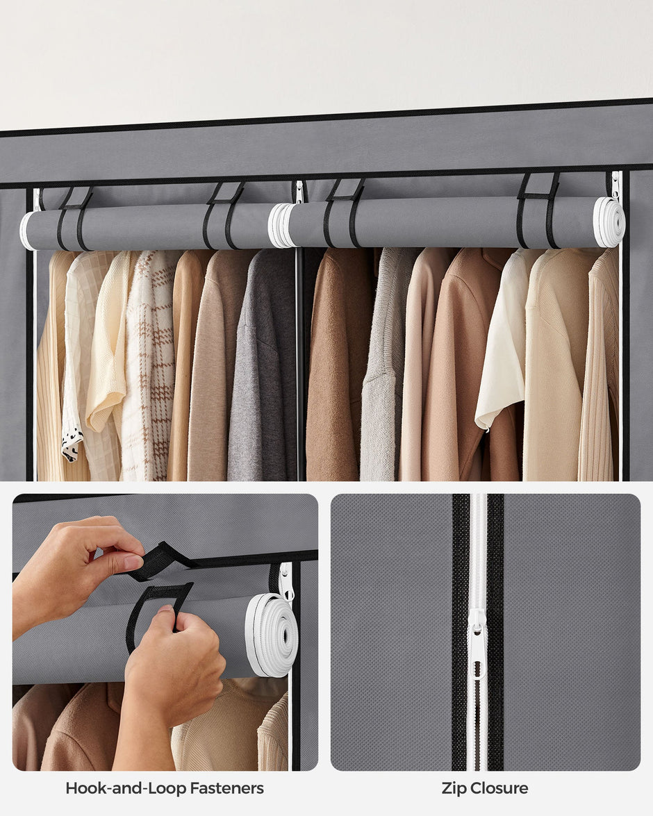 Portable Clothes Wardrobe – Fabric – Grey – Large Capacity with 2 Hanging Rails and 4 Side Pockets