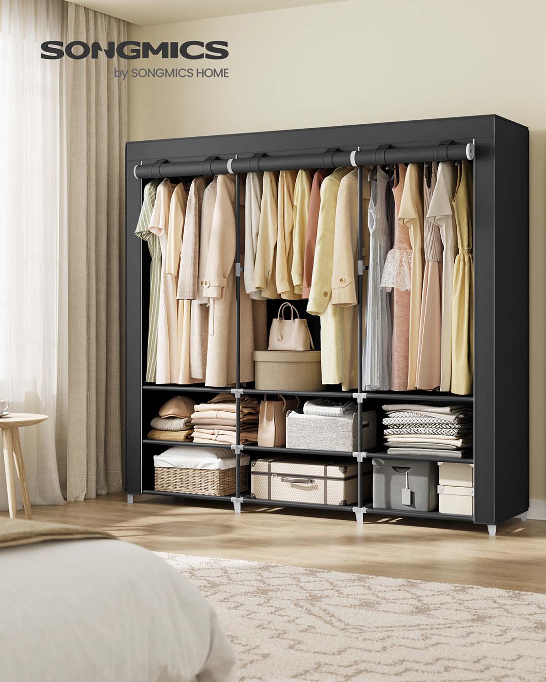 Clothes Wardrobe – Fabric – Black – Large Capacity with 3 Hanging Rails and Shelves