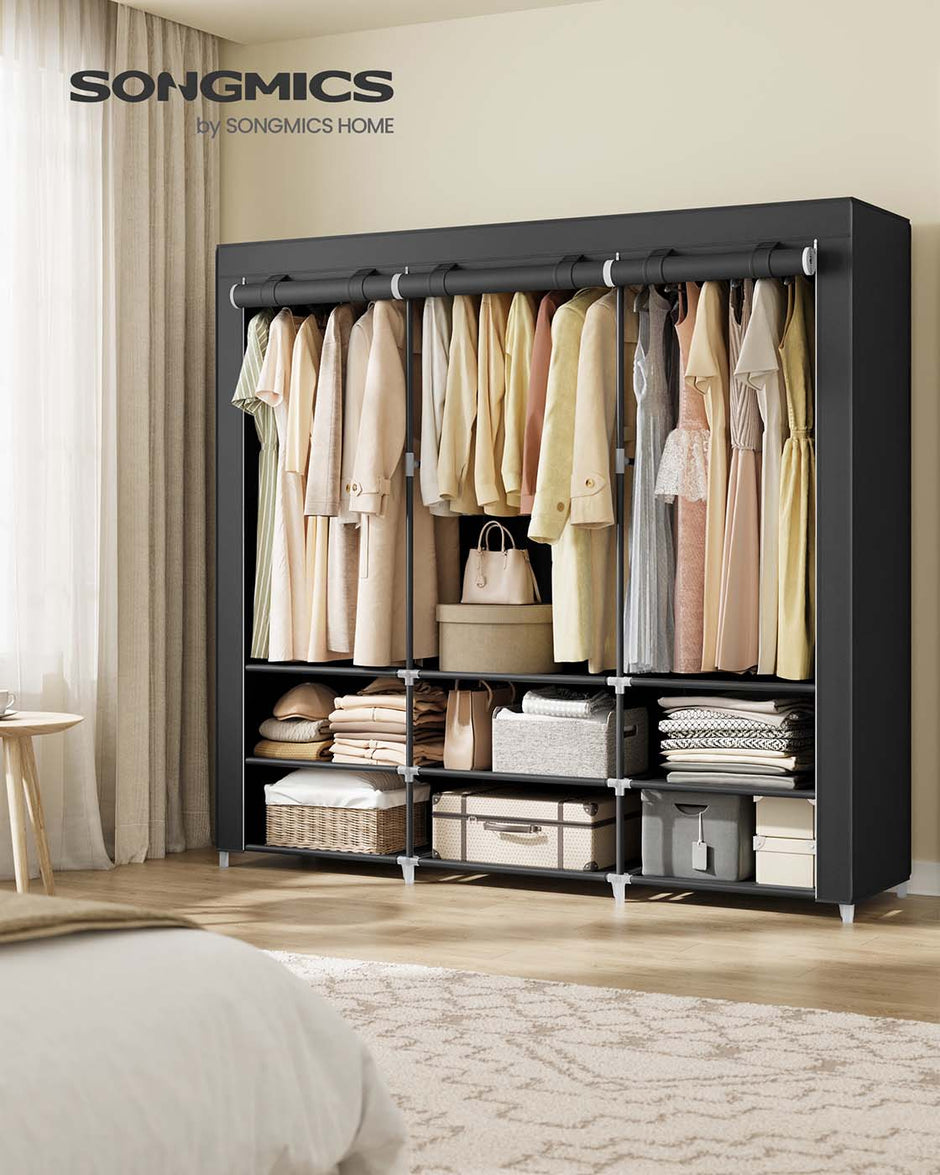 Clothes Wardrobe – Fabric – Black – Large Capacity with 3 Hanging Rails and Shelves
