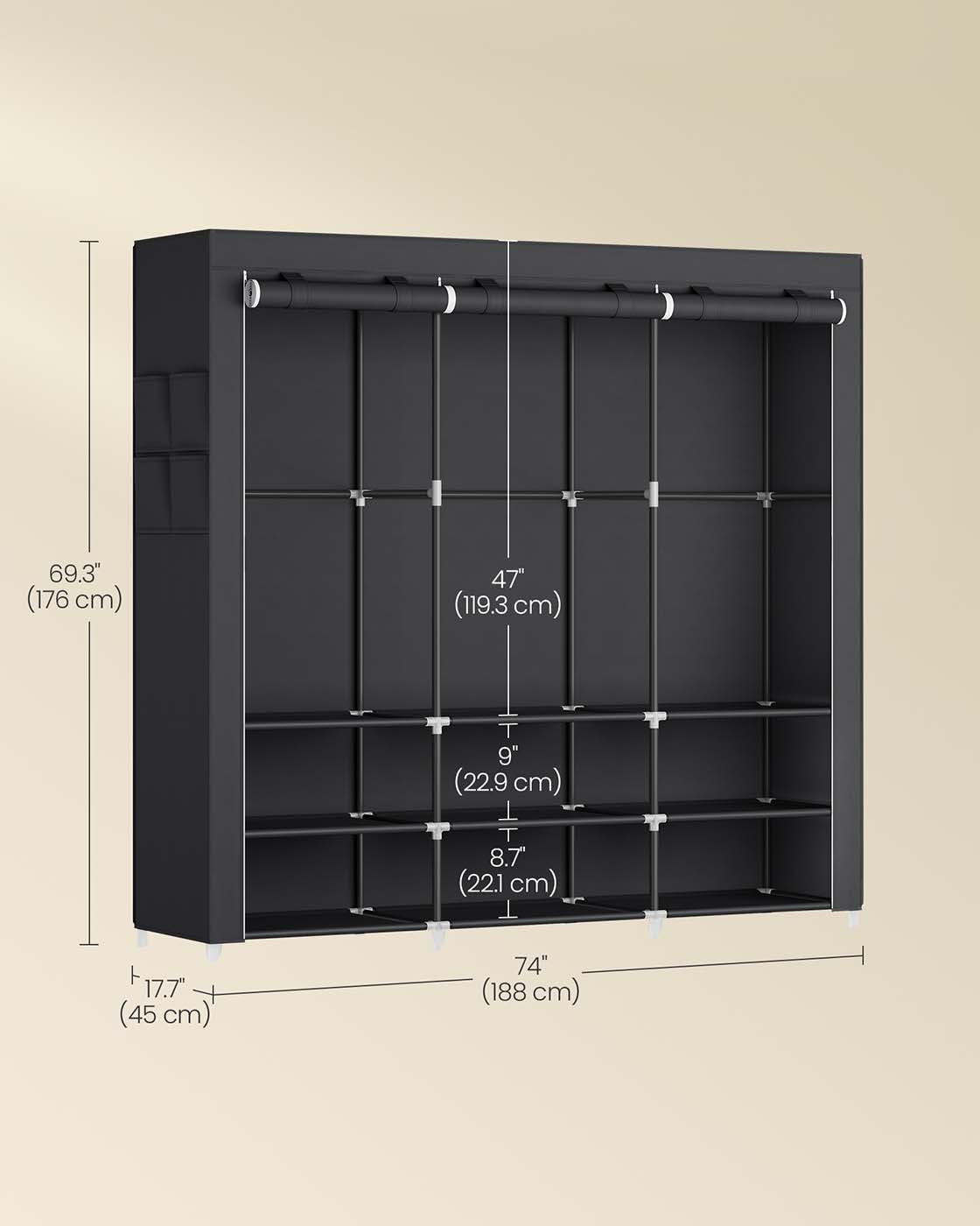 Clothes Wardrobe – Fabric – Black – Large Capacity with 3 Hanging Rails and Shelves
