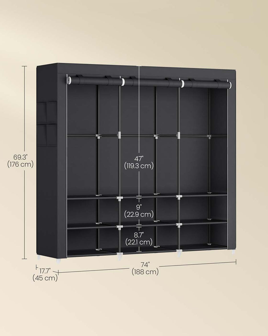 Clothes Wardrobe – Fabric – Black – Large Capacity with 3 Hanging Rails and Shelves