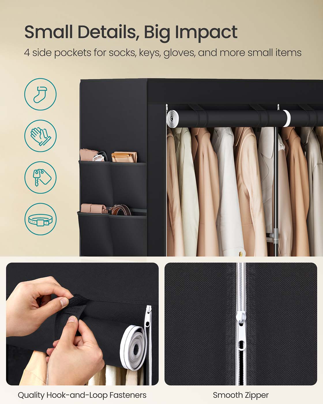 Clothes Wardrobe – Fabric – Black – Large Capacity with 3 Hanging Rails and Shelves