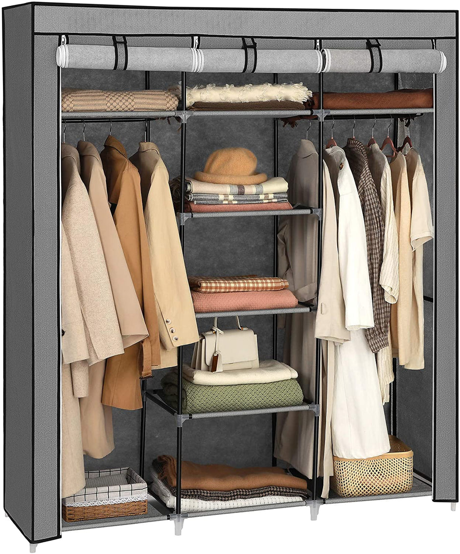 Portable Closet – Non-Woven Fabric – Grey – Large with Herringbone Pattern and Shelves