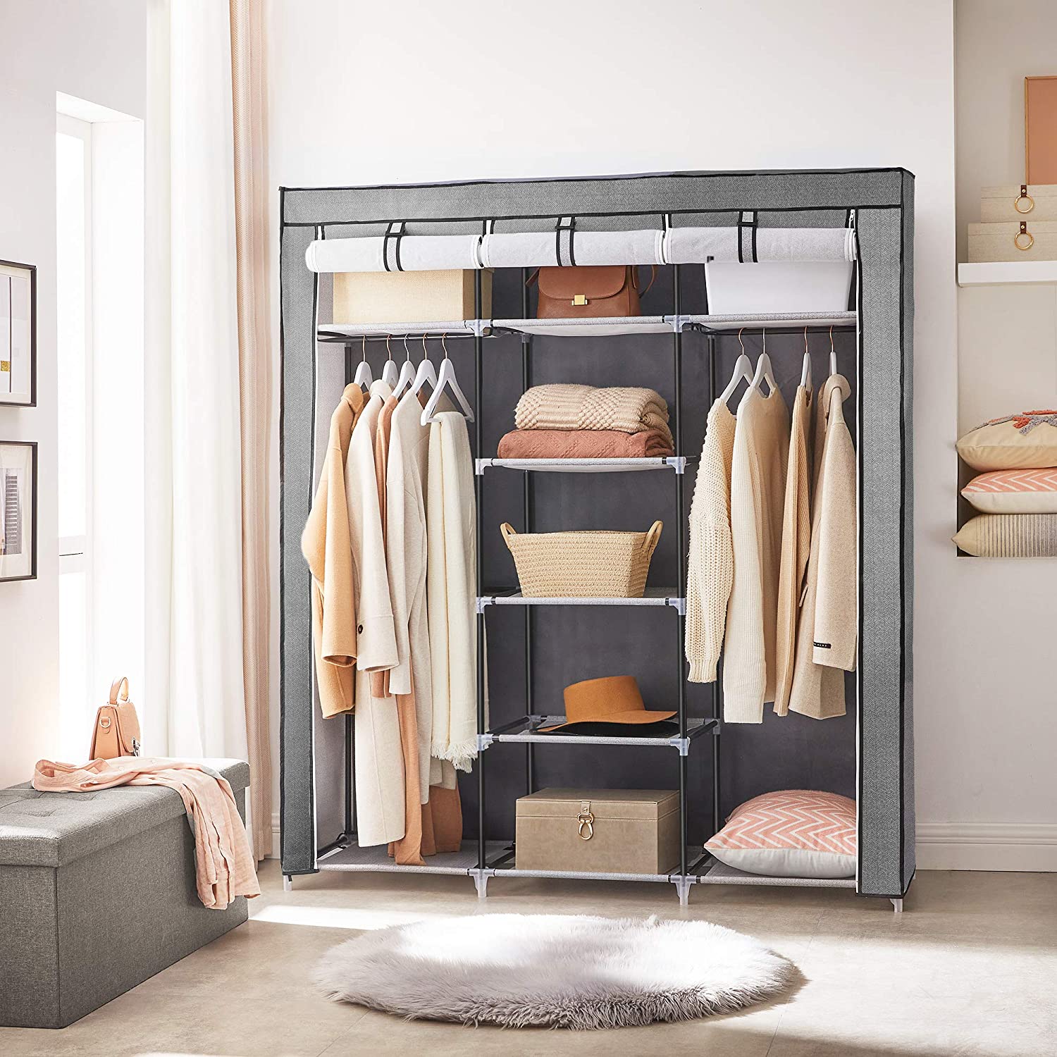 Portable Closet – Non-Woven Fabric – Grey – Large with Herringbone Pattern and Shelves