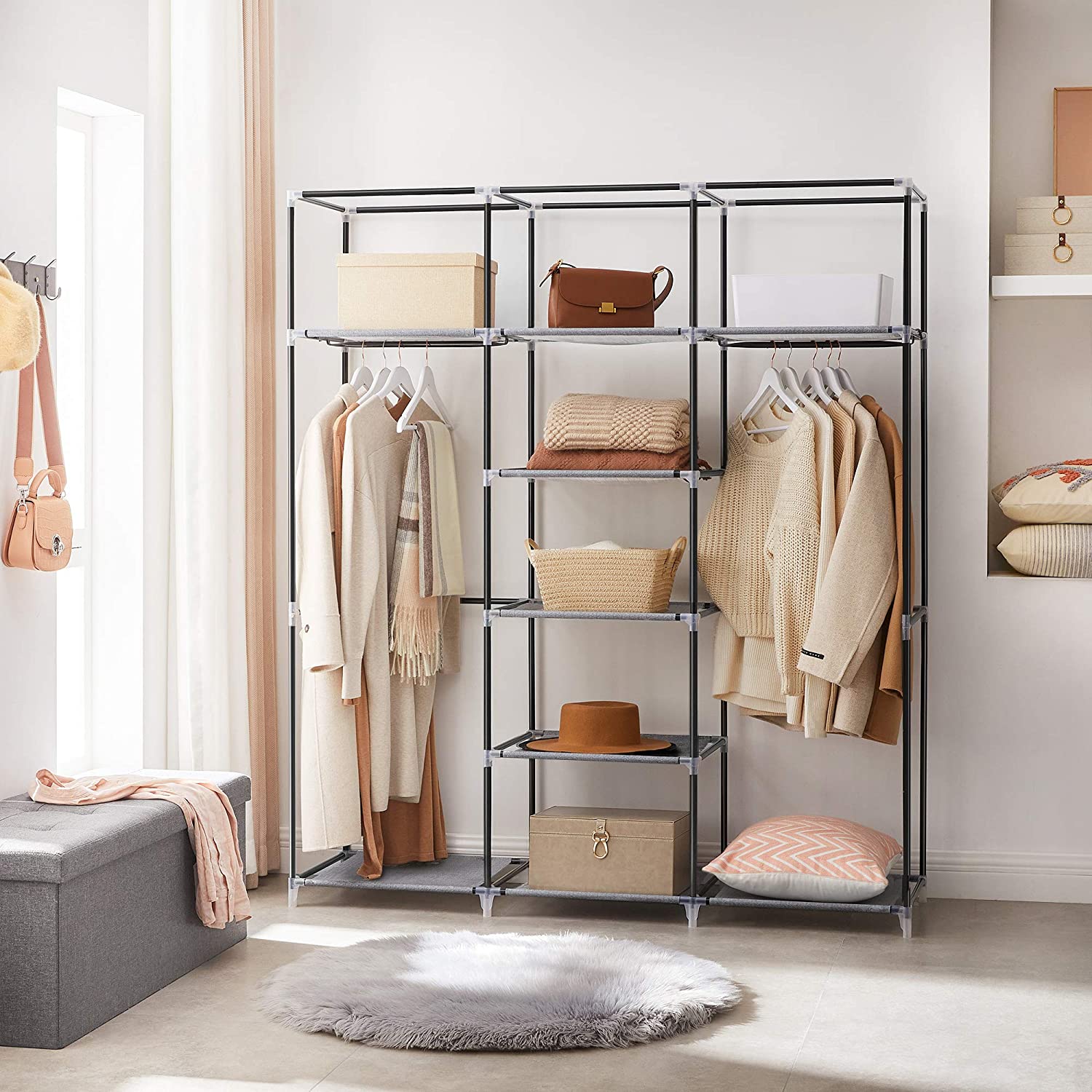 Portable Closet – Non-Woven Fabric – Grey – Large with Herringbone Pattern and Shelves
