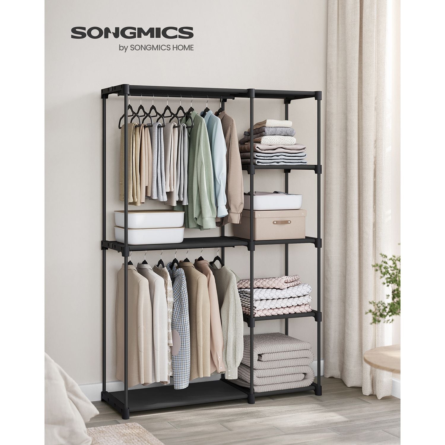 Foldable Wardrobe – Fabric – Black – Freestanding with Clothes Rails