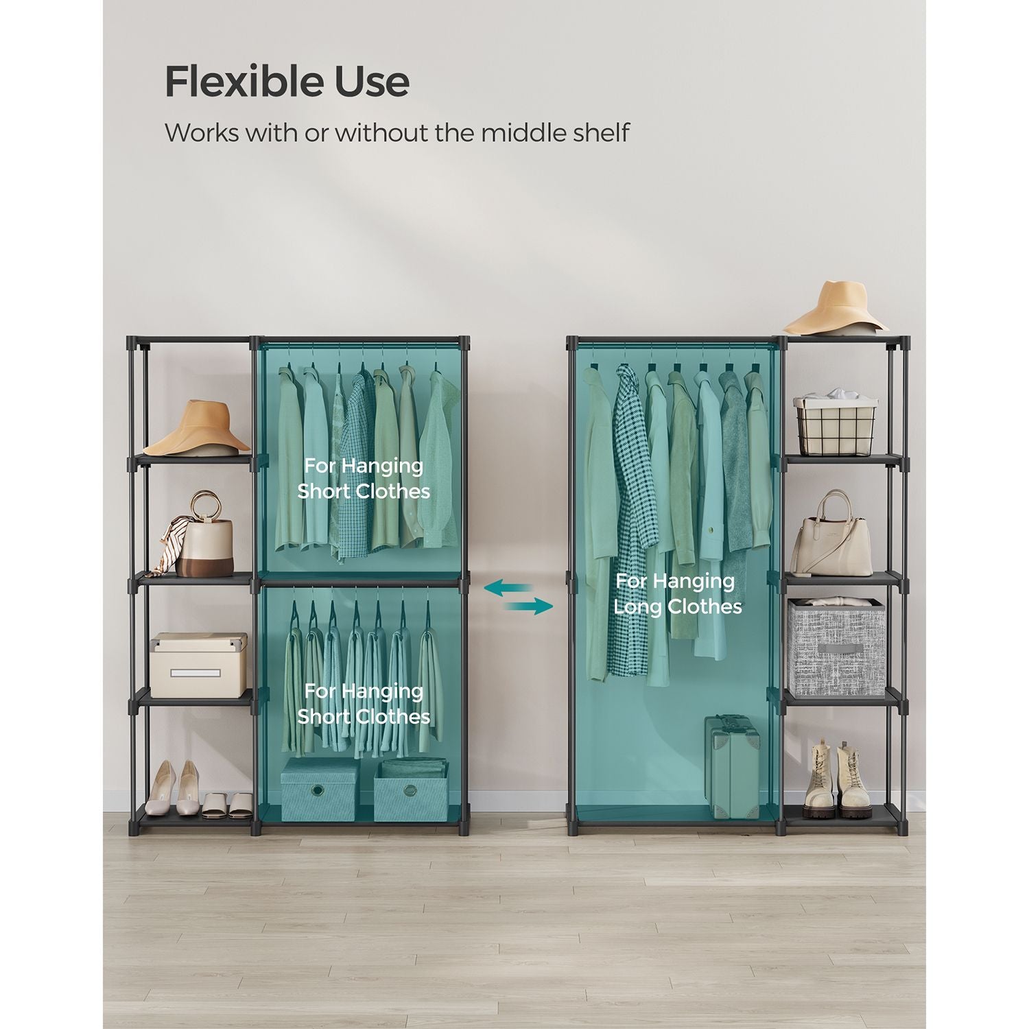 Foldable Wardrobe – Fabric – Black – Freestanding with Clothes Rails