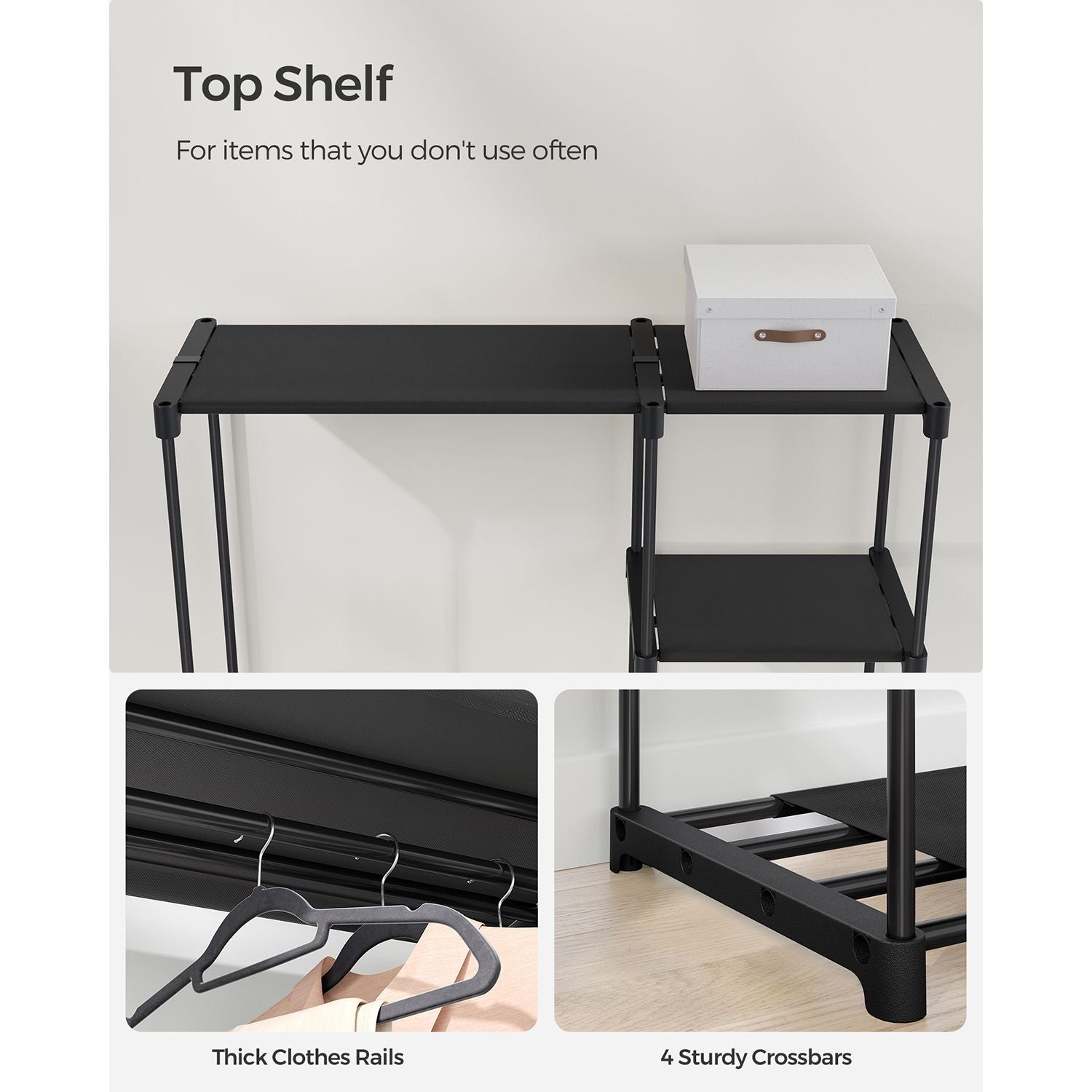 Foldable Wardrobe – Fabric – Black – Freestanding with Clothes Rails