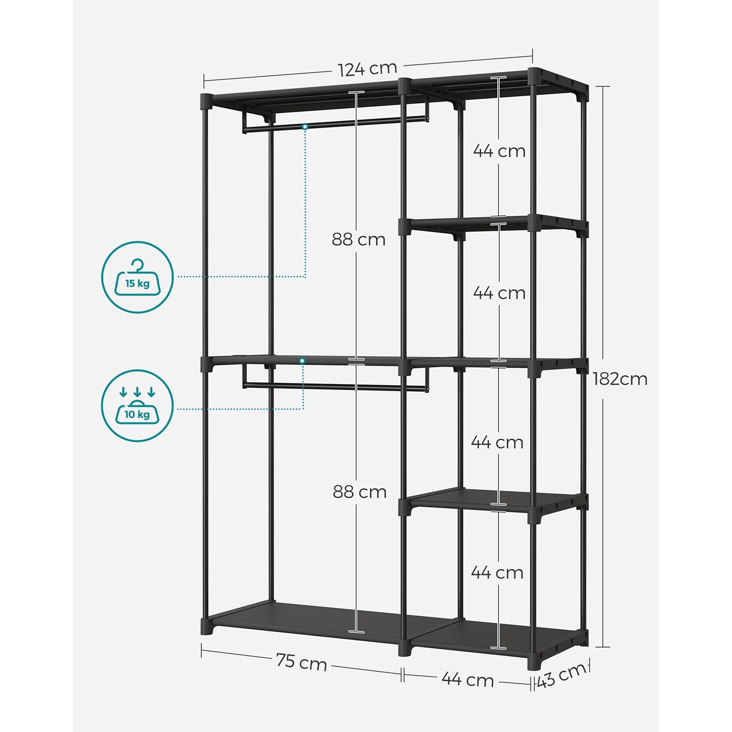 Foldable Wardrobe – Fabric – Black – Freestanding with Clothes Rails