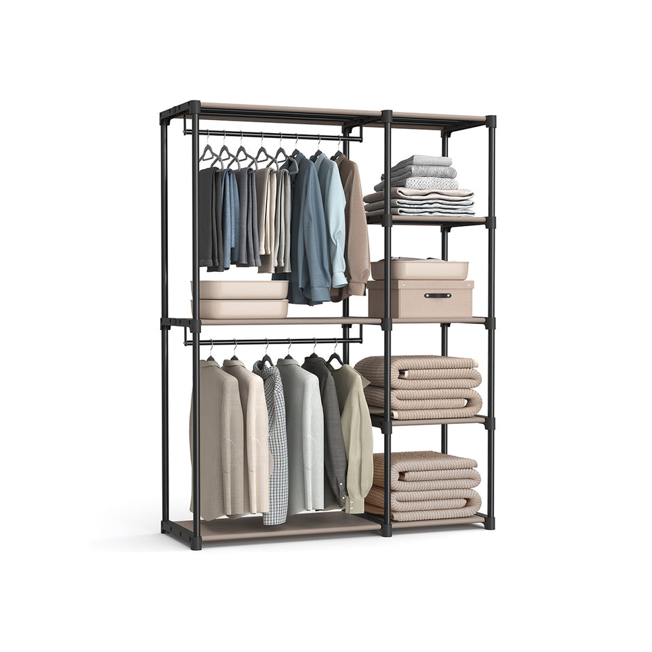 Freestanding Open Wardrobe – MDF – Rustic Taupe – 2 Hanging Rods & Shelves