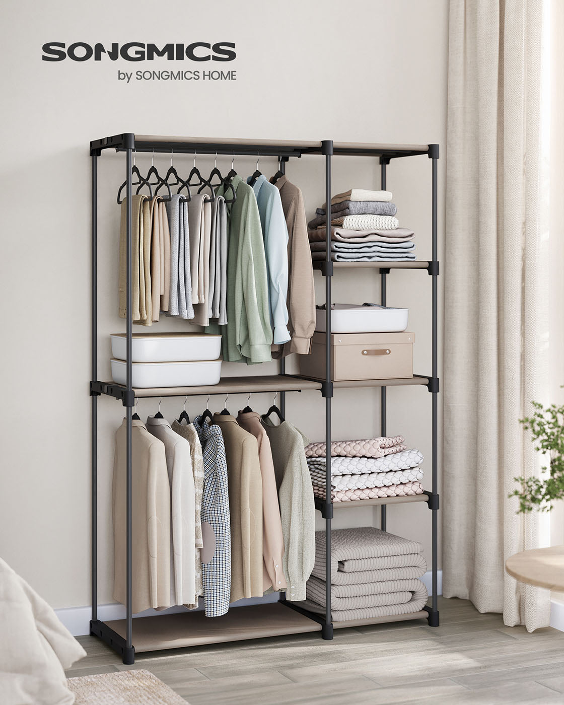 Freestanding Open Wardrobe – MDF – Rustic Taupe – 2 Hanging Rods & Shelves