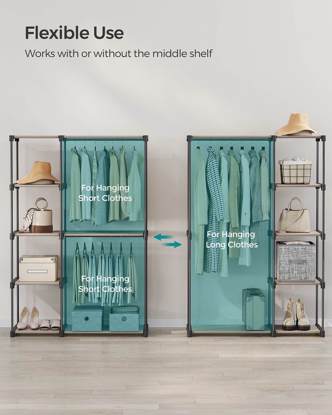 Freestanding Open Wardrobe – MDF – Rustic Taupe – 2 Hanging Rods & Shelves