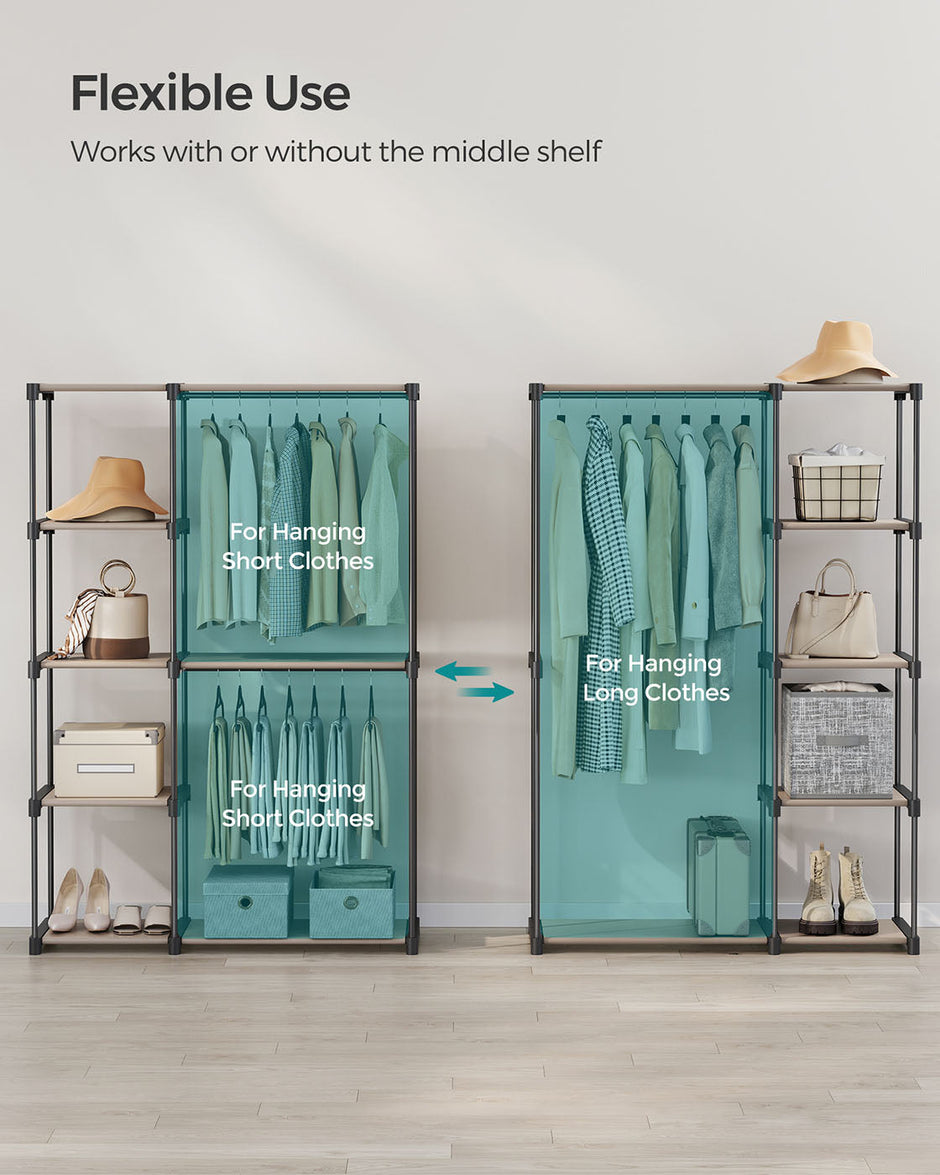Freestanding Open Wardrobe – MDF – Rustic Taupe – 2 Hanging Rods & Shelves