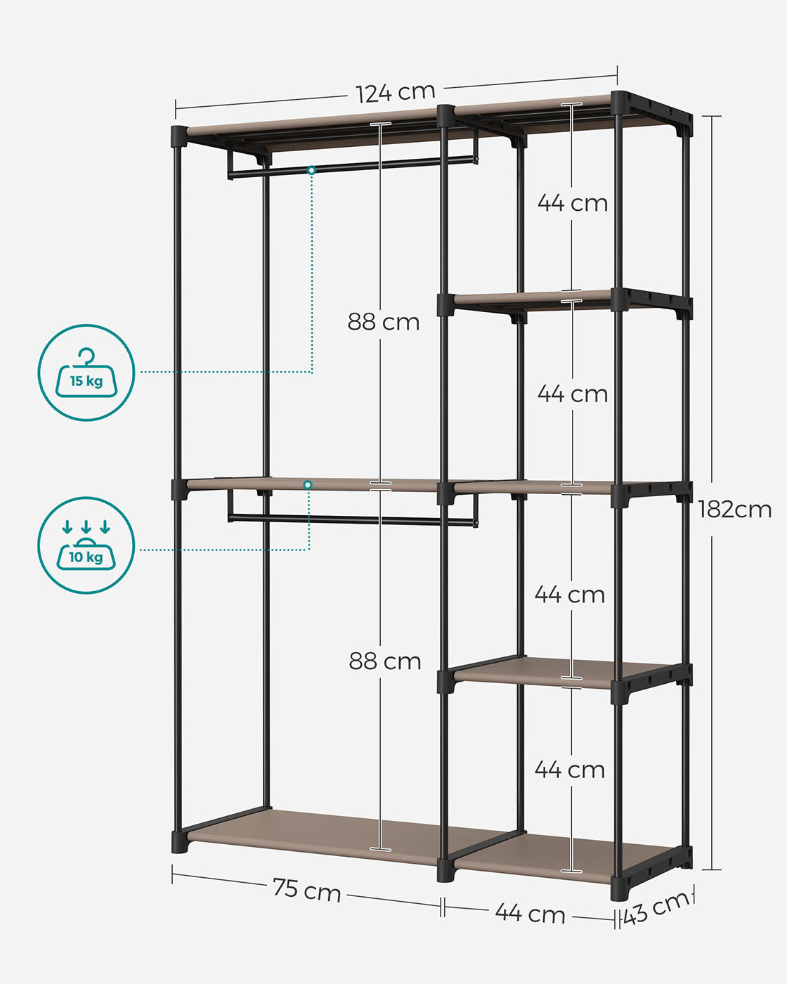 Freestanding Open Wardrobe – MDF – Rustic Taupe – 2 Hanging Rods & Shelves