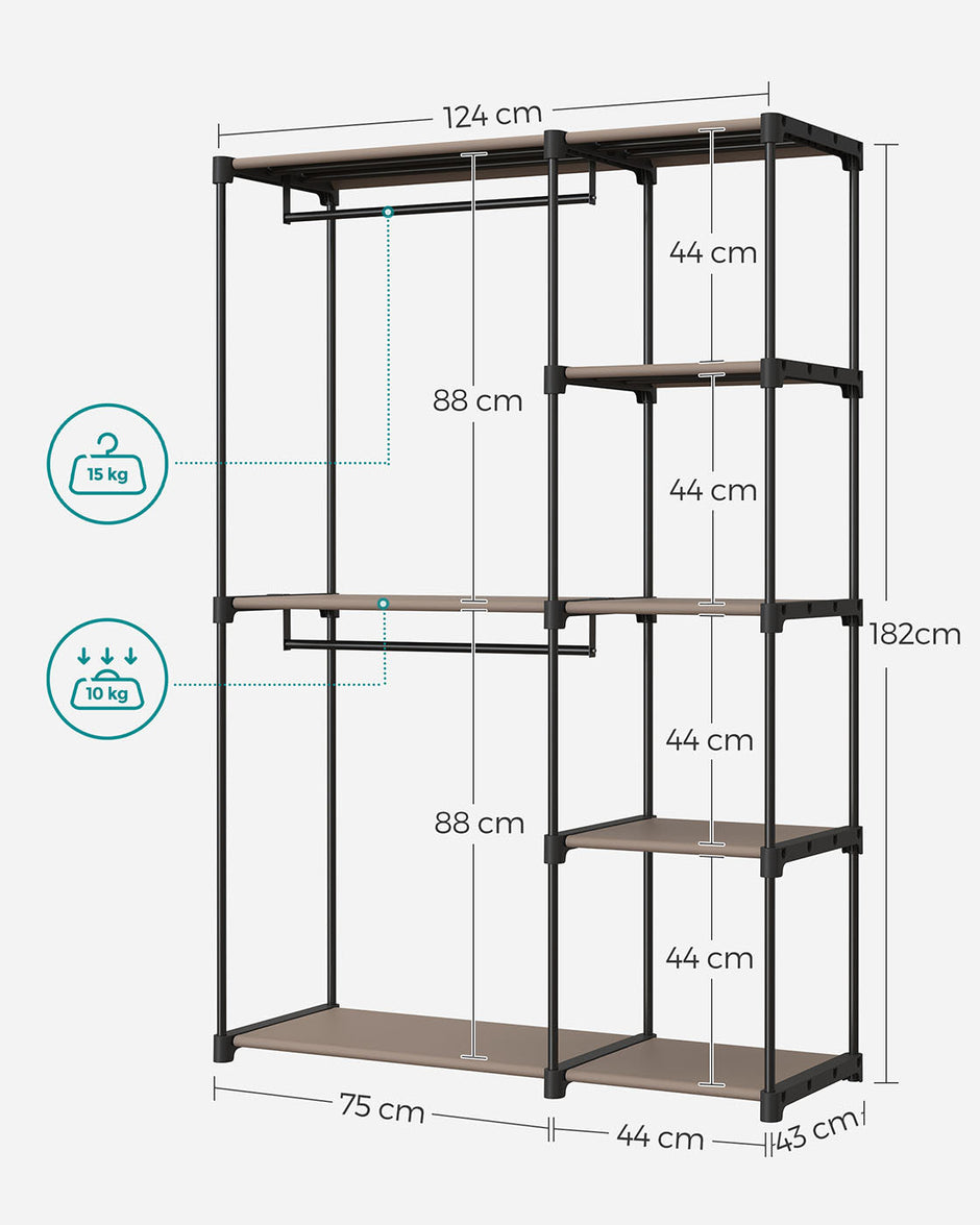 Freestanding Open Wardrobe – MDF – Rustic Taupe – 2 Hanging Rods & Shelves