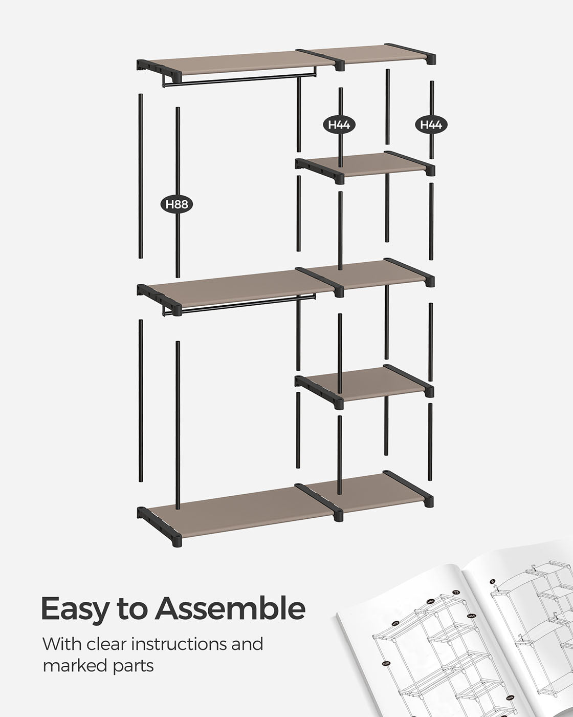 Freestanding Open Wardrobe – MDF – Rustic Taupe – 2 Hanging Rods & Shelves