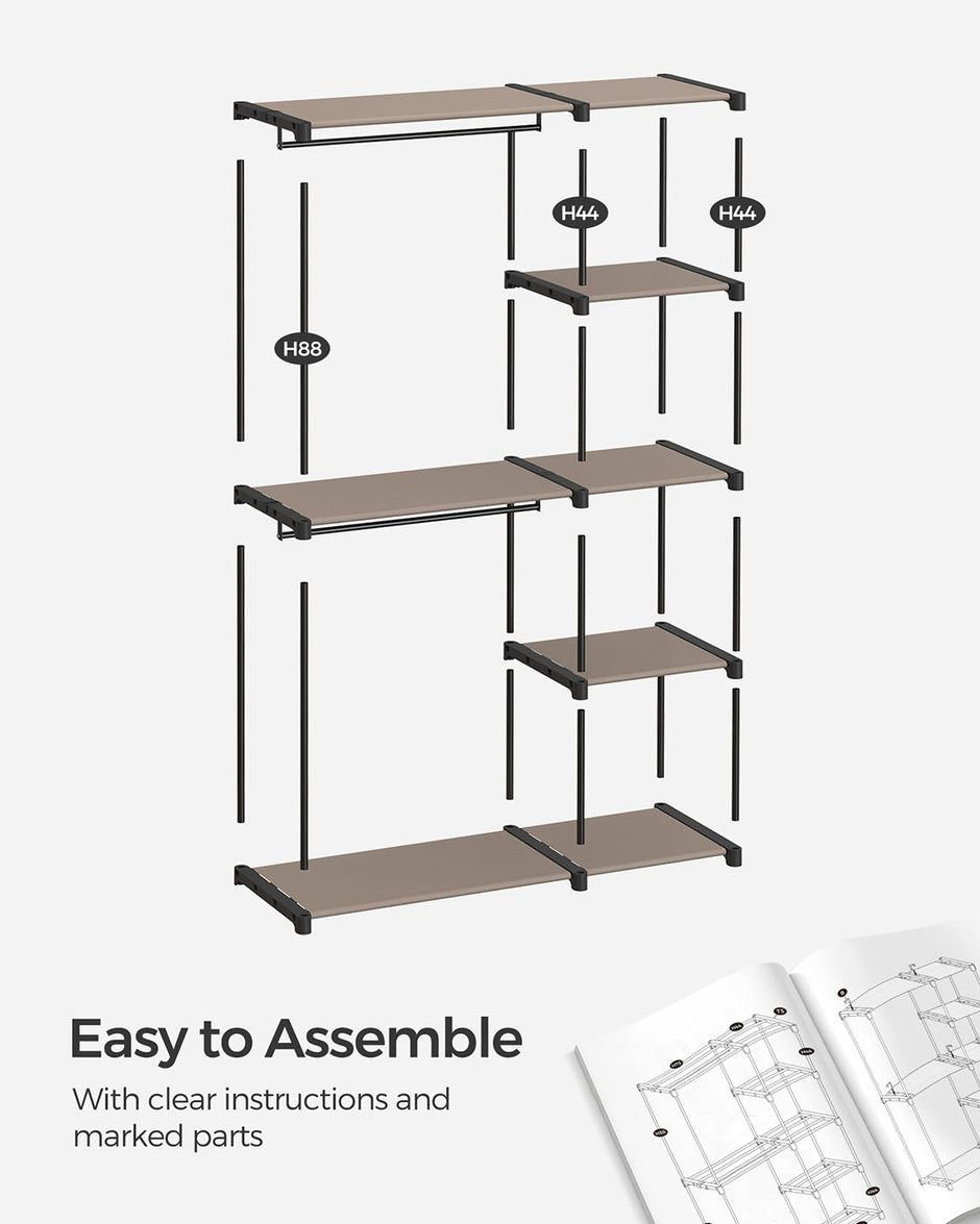 Freestanding Open Wardrobe – MDF – Rustic Taupe – 2 Hanging Rods & Shelves