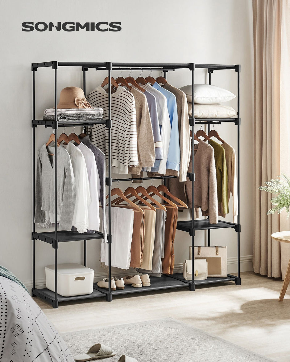 Portable Clothes Wardrobe – Fabric – Ink Black – Large Capacity with Compartments