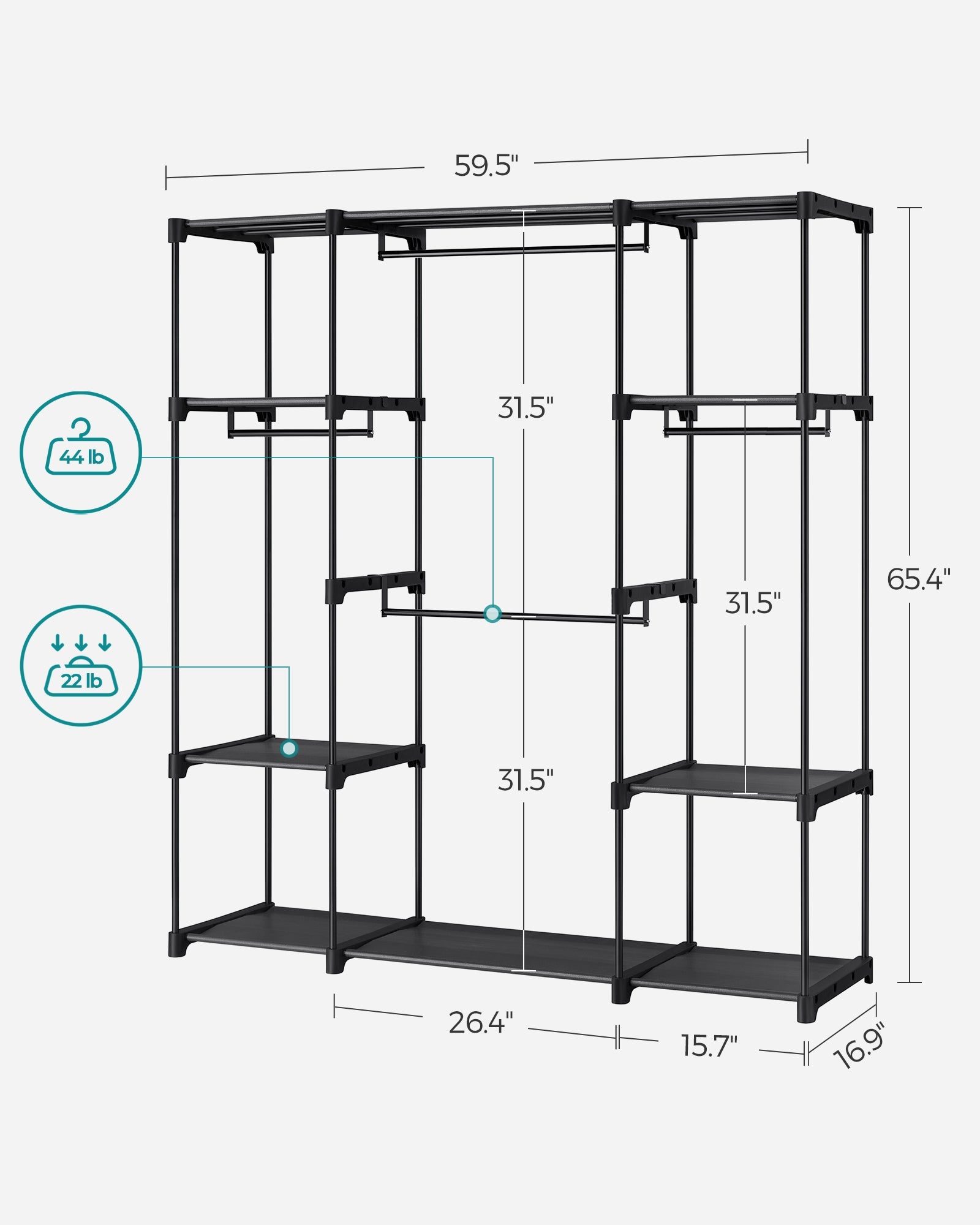 Portable Clothes Wardrobe – Fabric – Ink Black – Large Capacity with Compartments