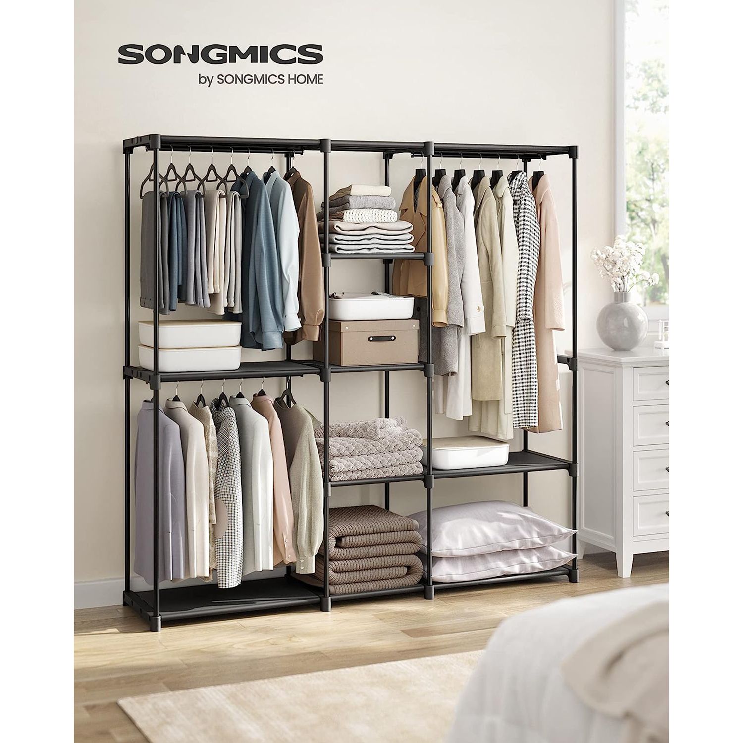 Portable Open Wardrobe – Fabric – Black – Freestanding with Clothes Rails and Shelves