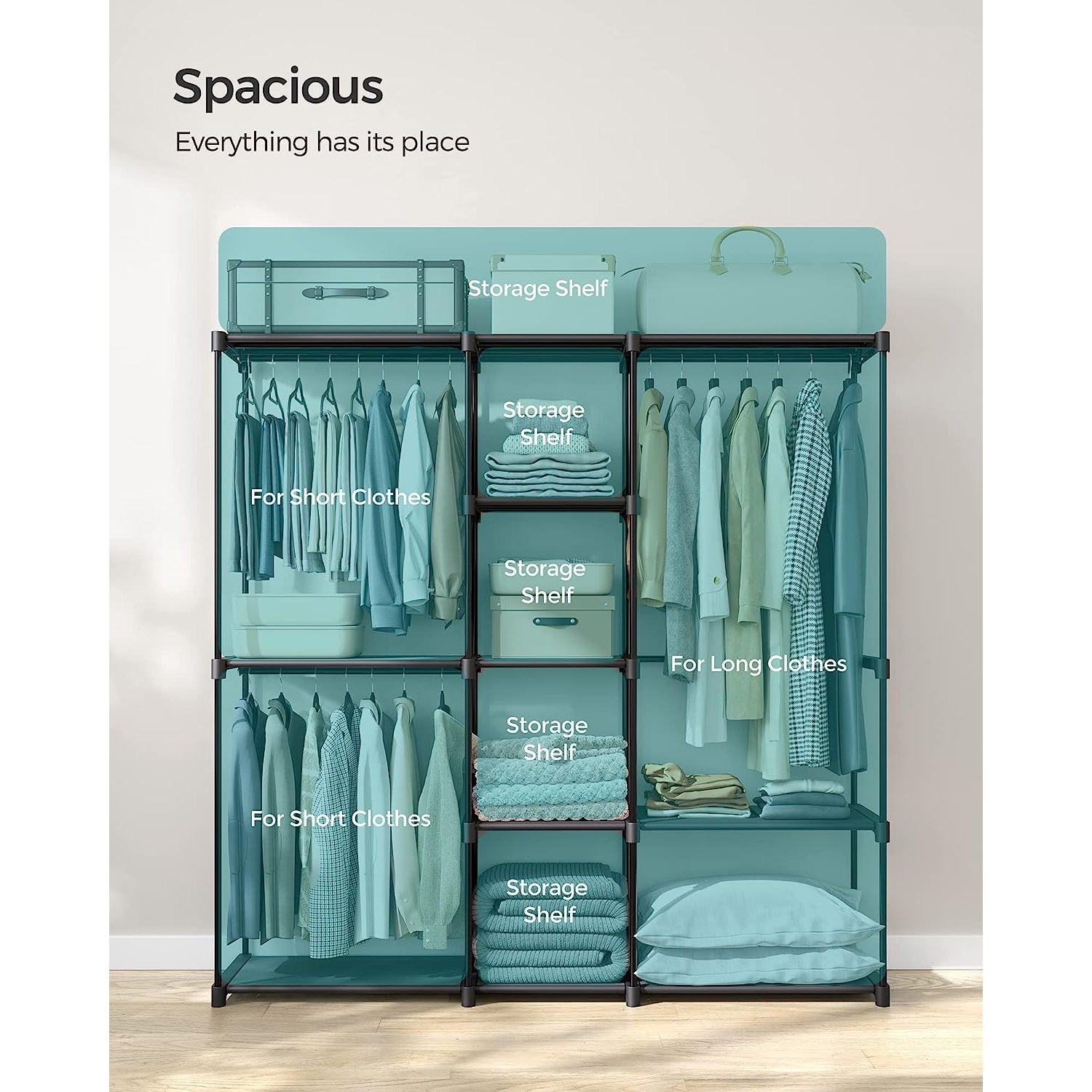 Portable Open Wardrobe – Fabric – Black – Freestanding with Clothes Rails and Shelves