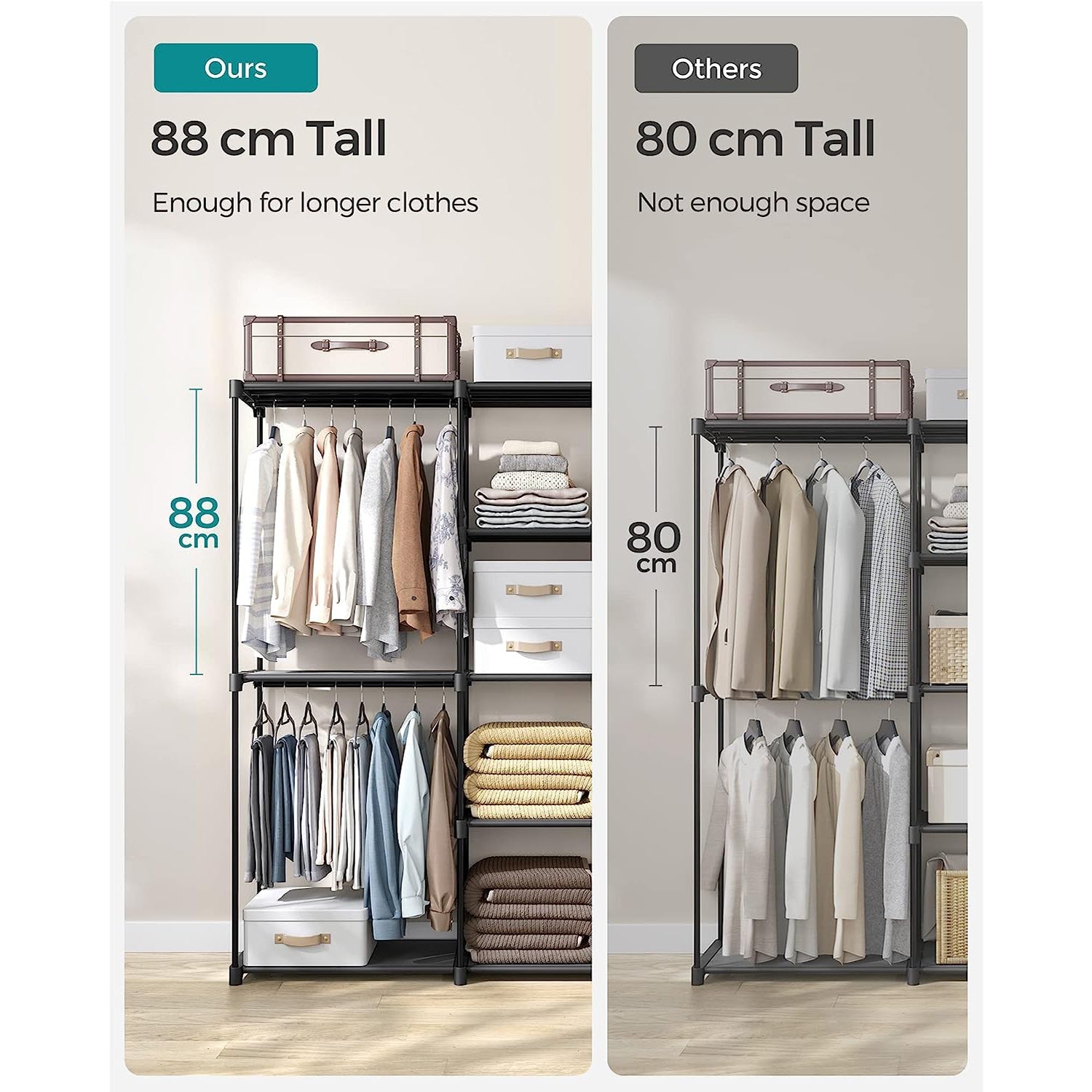 Portable Open Wardrobe – Fabric – Black – Freestanding with Clothes Rails and Shelves