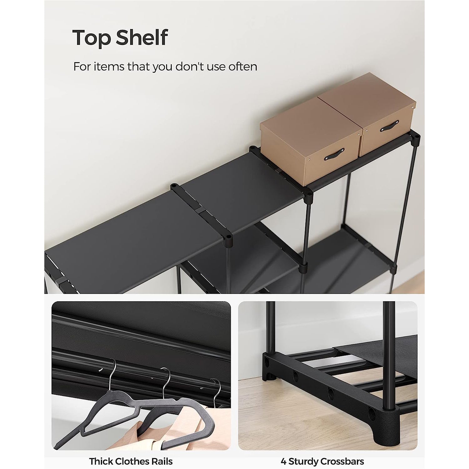 Portable Open Wardrobe – Fabric – Black – Freestanding with Clothes Rails and Shelves