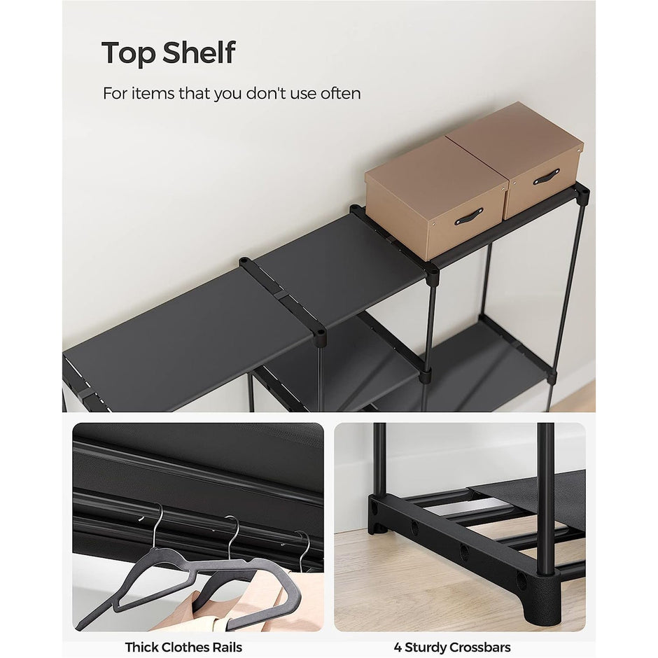 Portable Open Wardrobe – Fabric – Black – Freestanding with Clothes Rails and Shelves