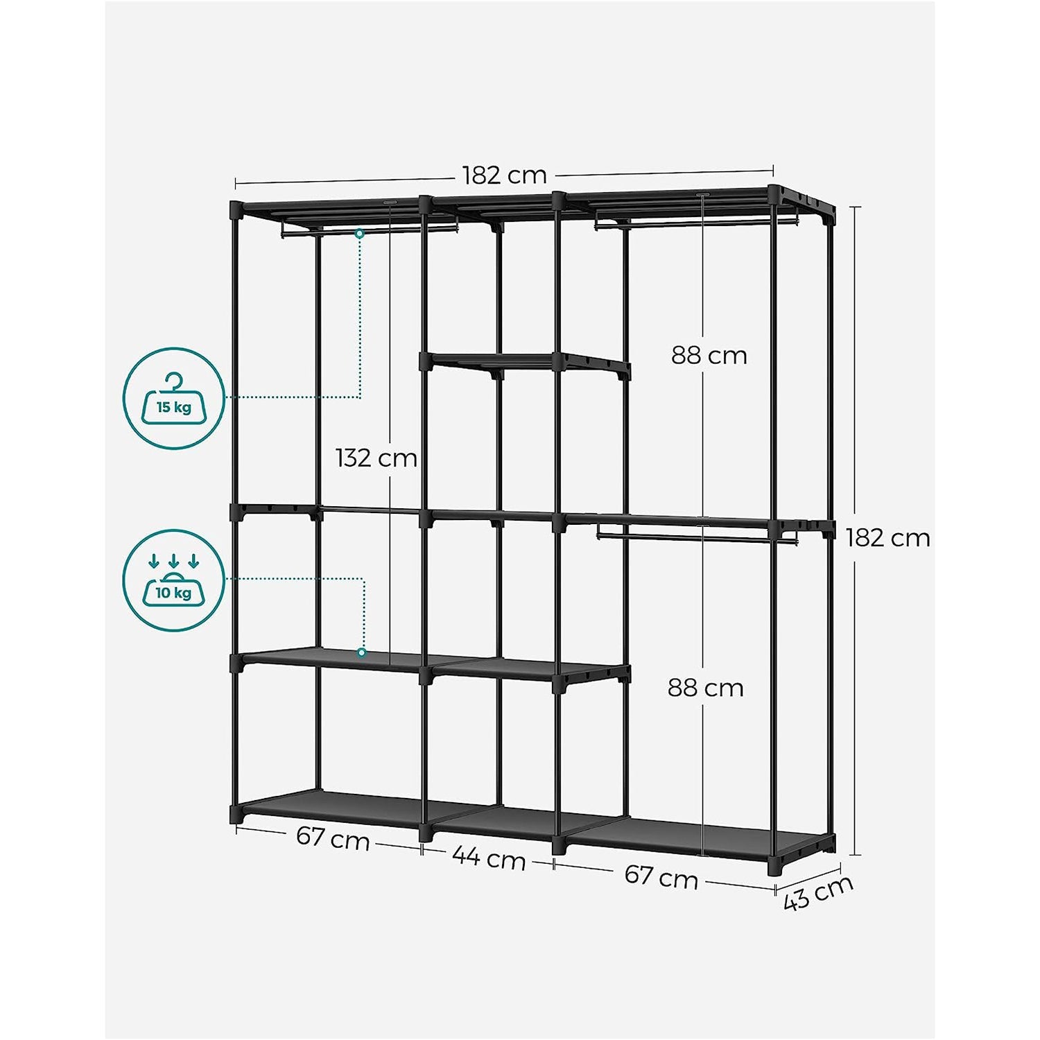 Portable Open Wardrobe – Fabric – Black – Freestanding with Clothes Rails and Shelves