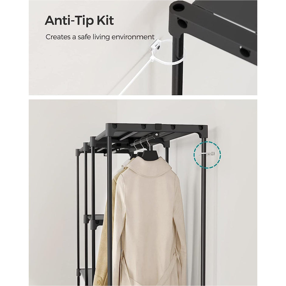 Portable Open Wardrobe – Fabric – Black – Freestanding with Clothes Rails and Shelves