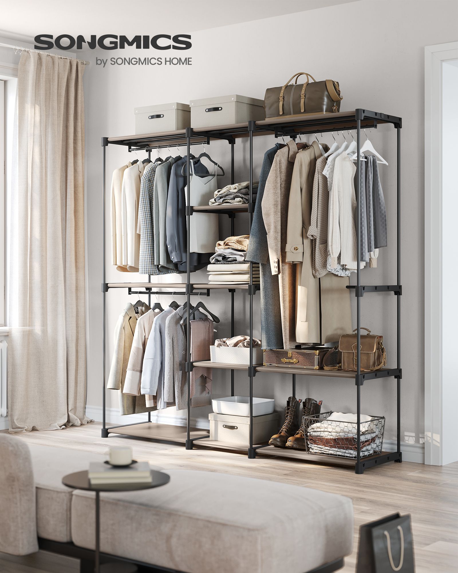 Freestanding Wardrobe – Fabric – Black – Portable Design with Clothes Rails and Shelves