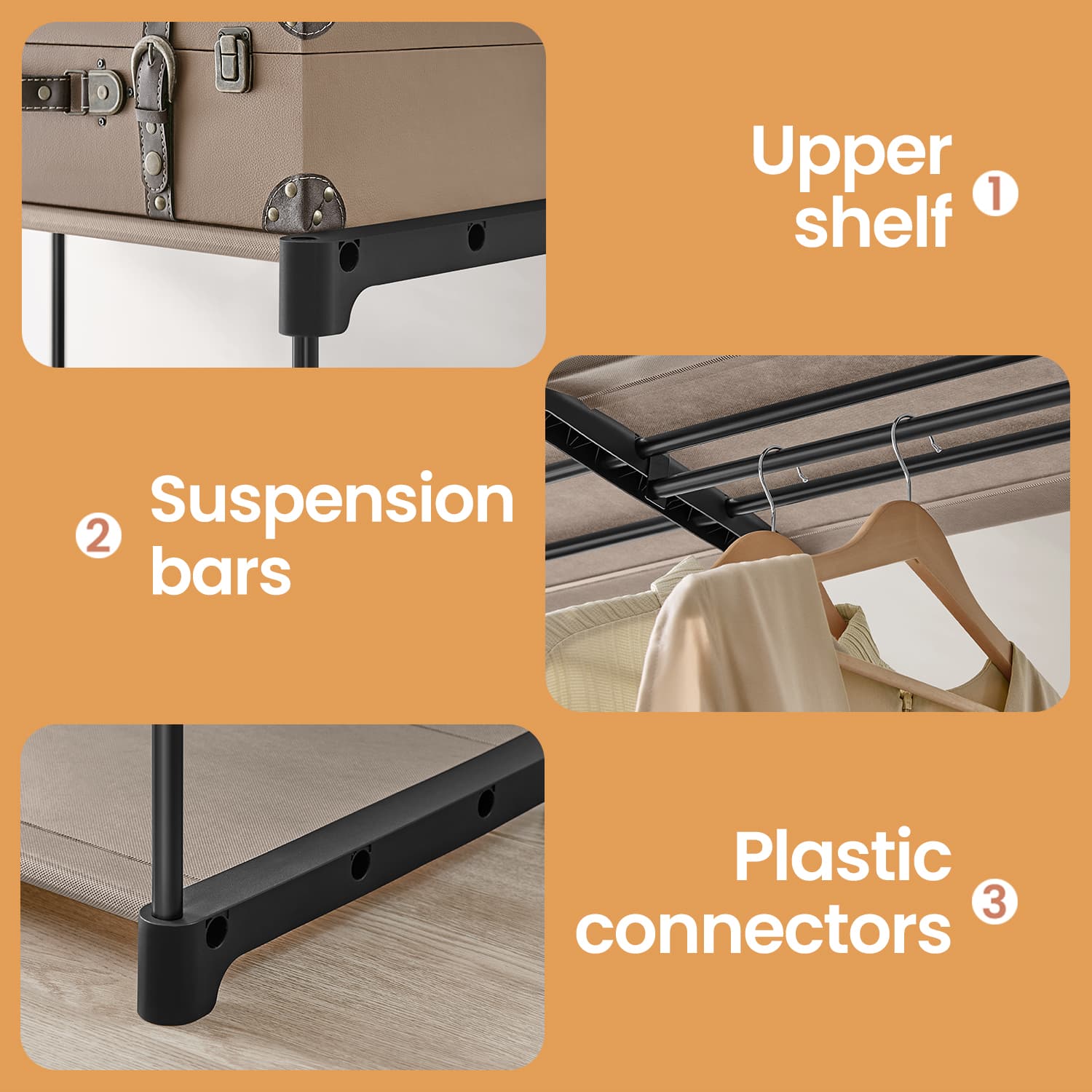 Portable Open Wardrobe – Metal and Fabric – Black – Freestanding with Clothes Rails and Shelves for Bedroom