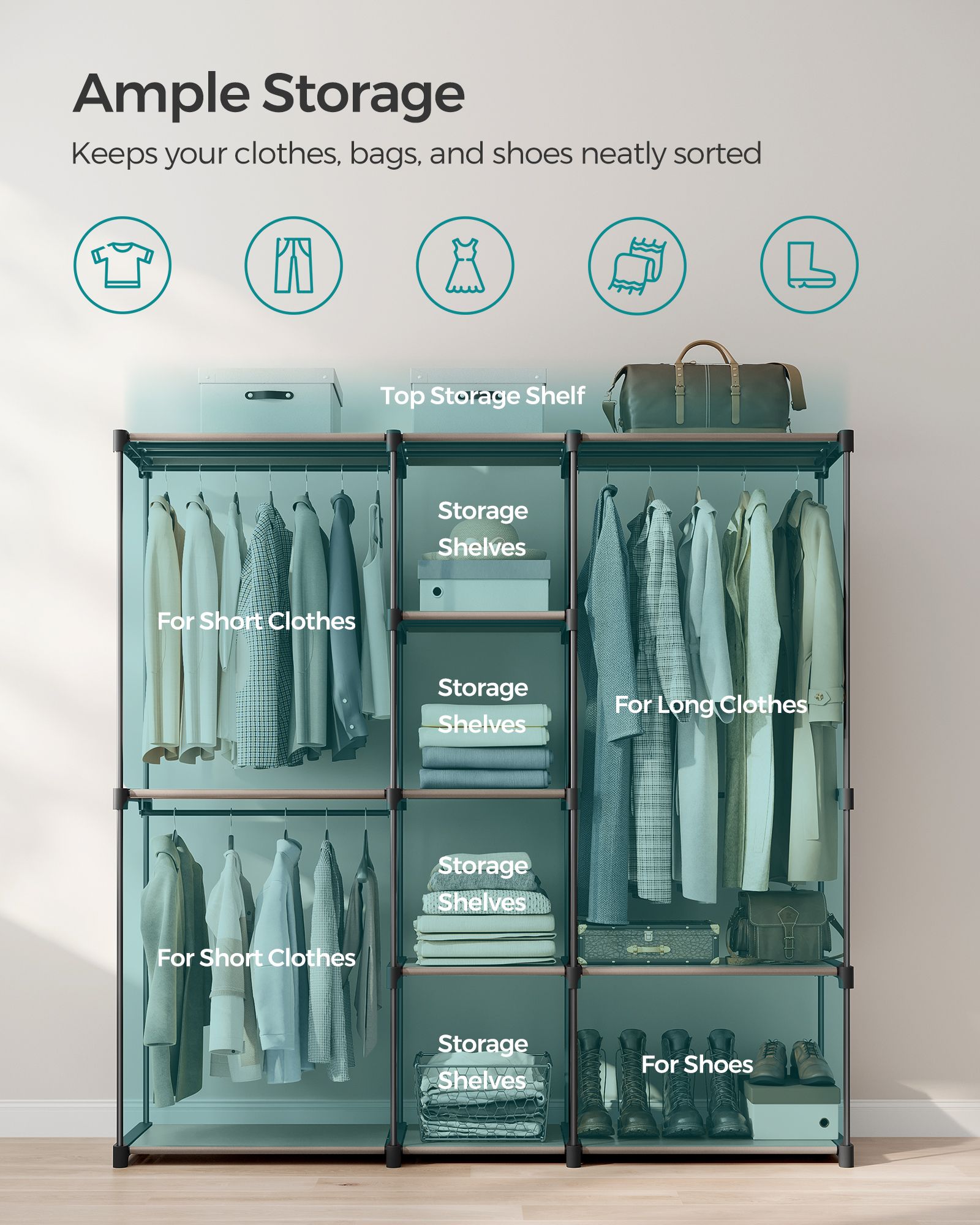 Freestanding Wardrobe – Fabric – Black – Portable Design with Clothes Rails and Shelves