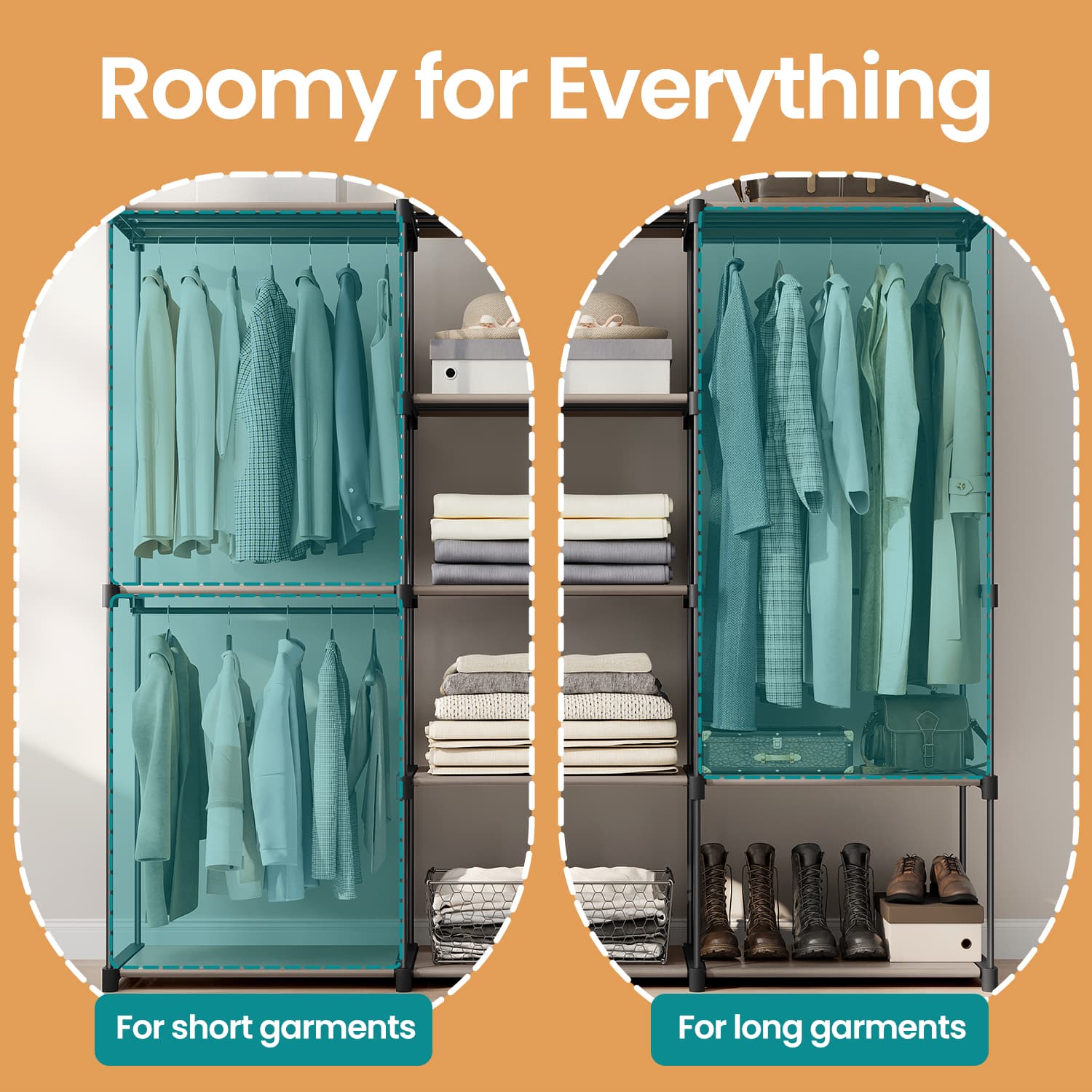Portable Open Wardrobe – Metal and Fabric – Black – Freestanding with Clothes Rails and Shelves for Bedroom