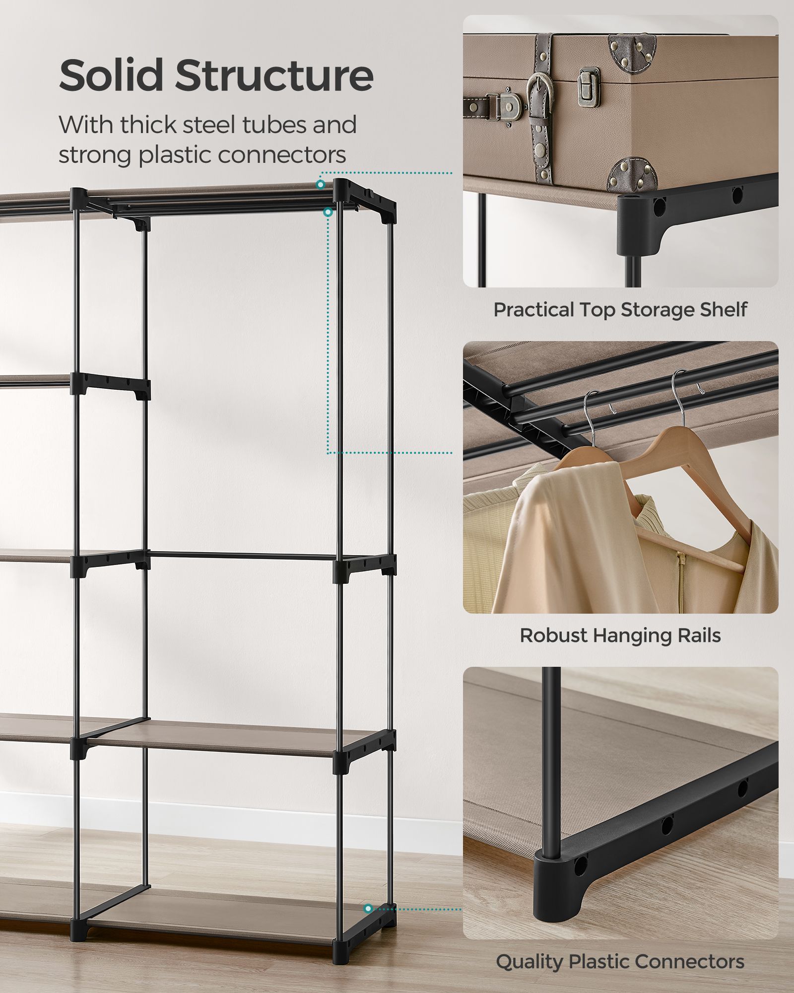 Freestanding Wardrobe – Fabric – Black – Portable Design with Clothes Rails and Shelves