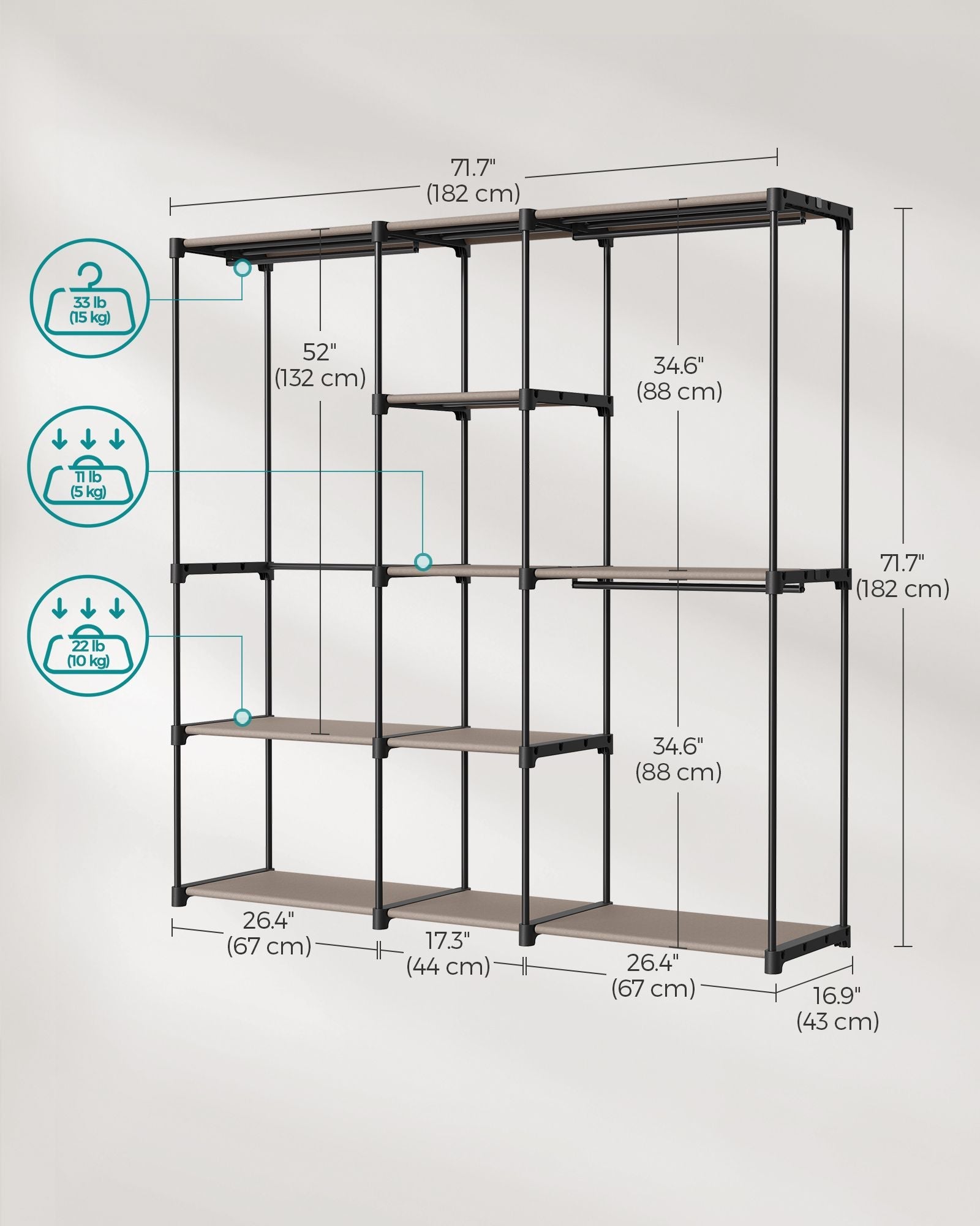 Freestanding Wardrobe – Fabric – Black – Portable Design with Clothes Rails and Shelves