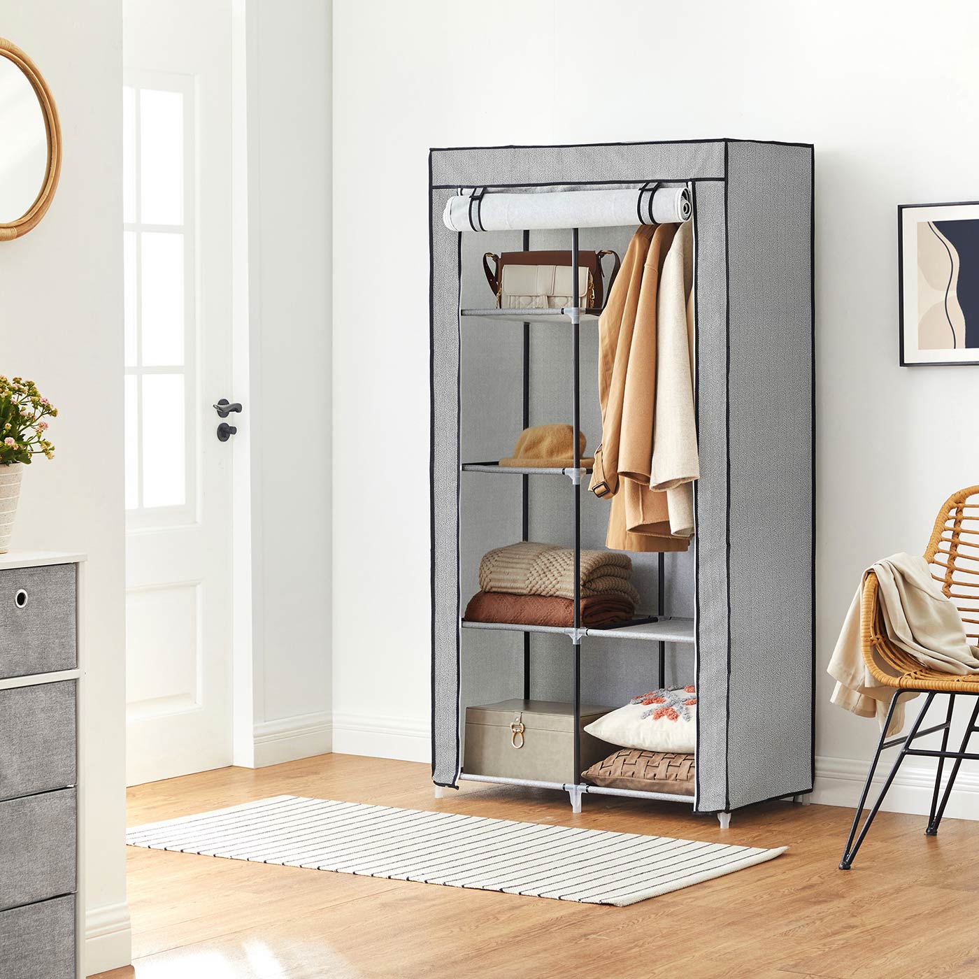 Portable Closet – Metal Frame & Non-Woven Fabric – Grey – 6 Shelves & 2 Hanging Rails