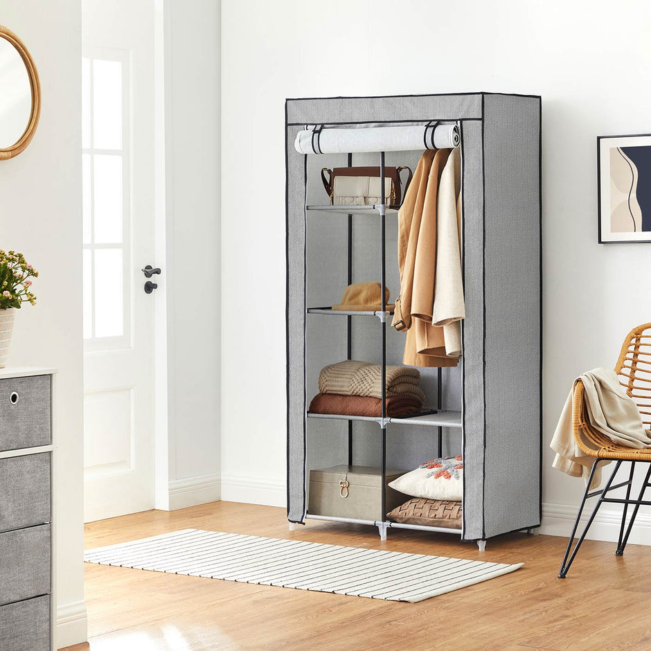 Portable Closet – Metal Frame & Non-Woven Fabric – Grey – 6 Shelves & 2 Hanging Rails