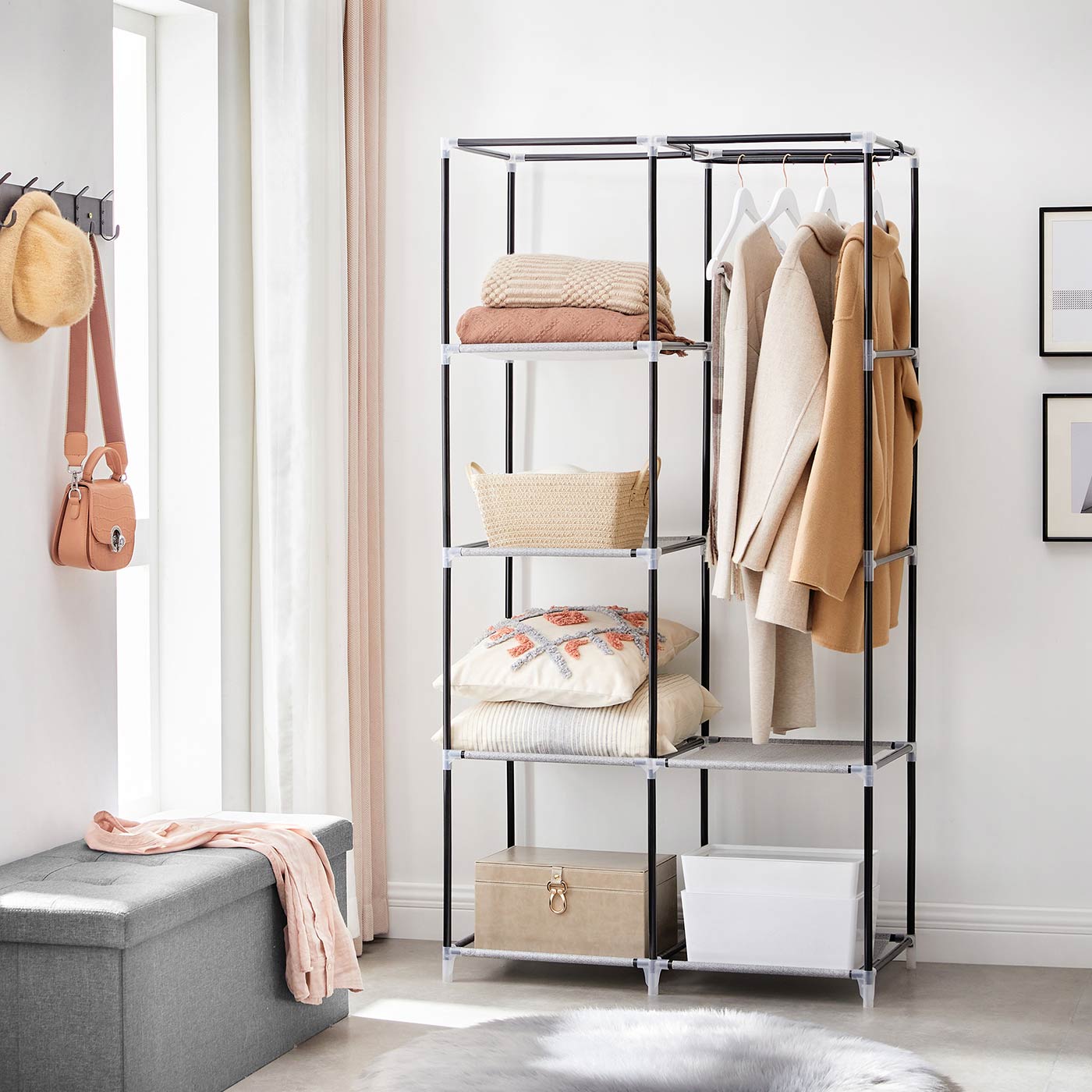 Portable Closet – Metal Frame & Non-Woven Fabric – Grey – 6 Shelves & 2 Hanging Rails